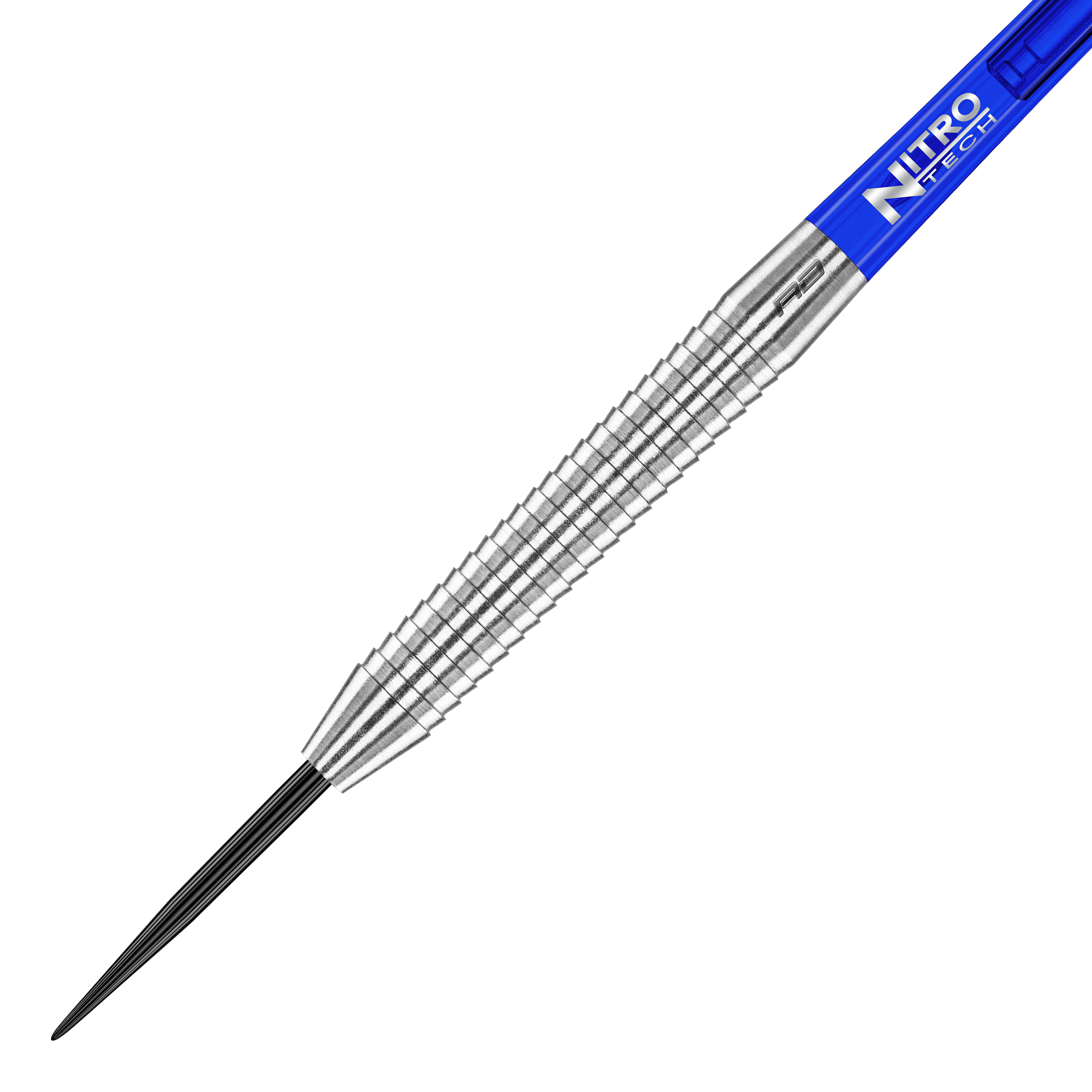 Fléchettes en acier Red Dragon Razor Edge Original Das Bild zeigt einen Red Dragon Razor Edge Original Steeldart mit einem Gewicht von 24g. Der Dart hat einen silbernen, geriffelten Schaft und ein blaues Flight-Element.