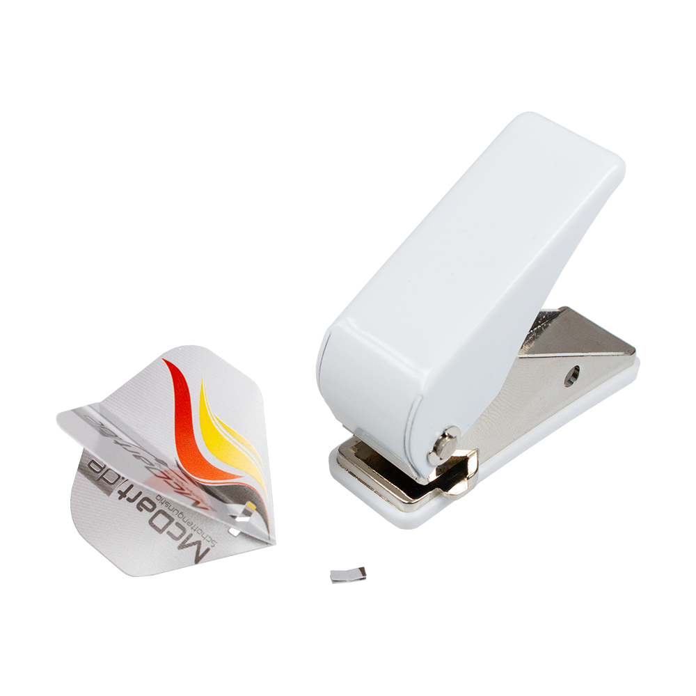 630-Flight-Locher-630-4 Auf dem Bild ist ein weißer Locher mit dem Namen "Flight Locher 630" zu sehen. Daneben liegt ein ausgestanztes Stück Papier mit einem bunten Aufdruck.