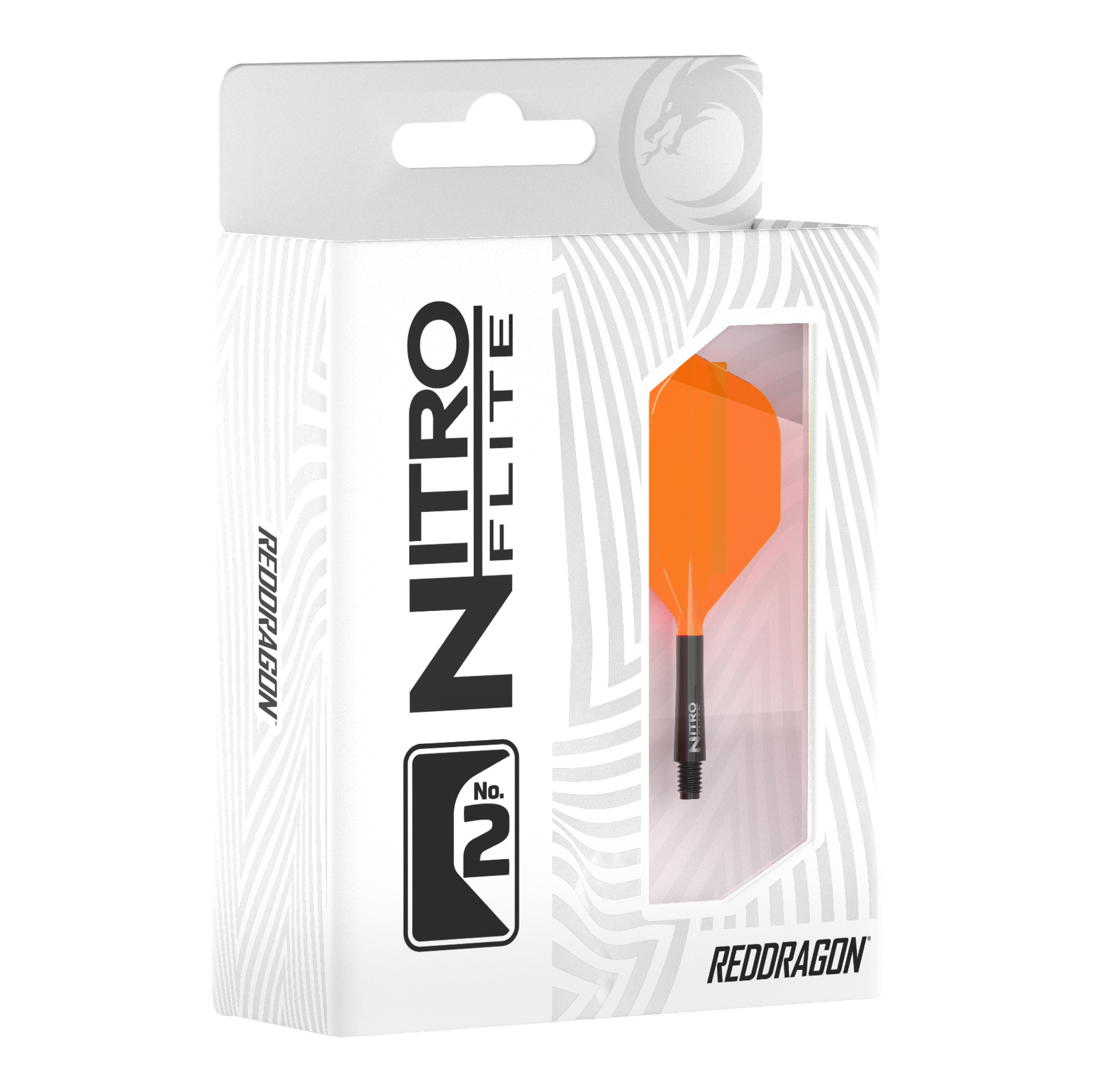 Red Dragon Nitroflite, tige noire, ailettes orange n° 2 Abgebildet ist Red Dragon Nitroflite Black Shaft Orange Flights No2. Der Dart hat einen schwarzen Schaft und orange Flights.
