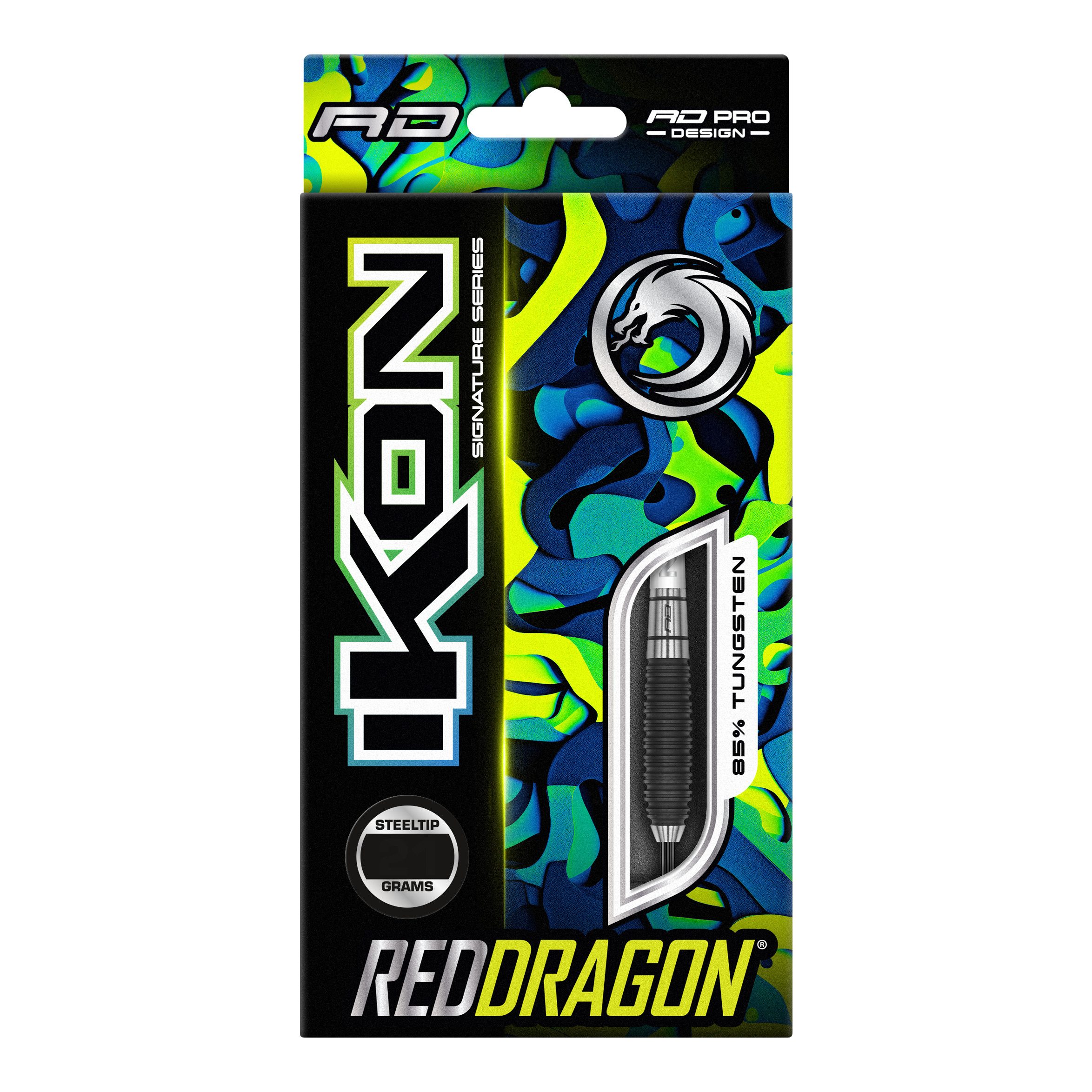 Fléchettes en acier Red Dragon Ikon 3 Auf dem Bild ist die Verpackung der "Red Dragon Ikon 3 Steeldarts" zu sehen. Die Packung ist bunt gestaltet und hebt hervor, dass die Darts aus 85% Tungsten bestehen.