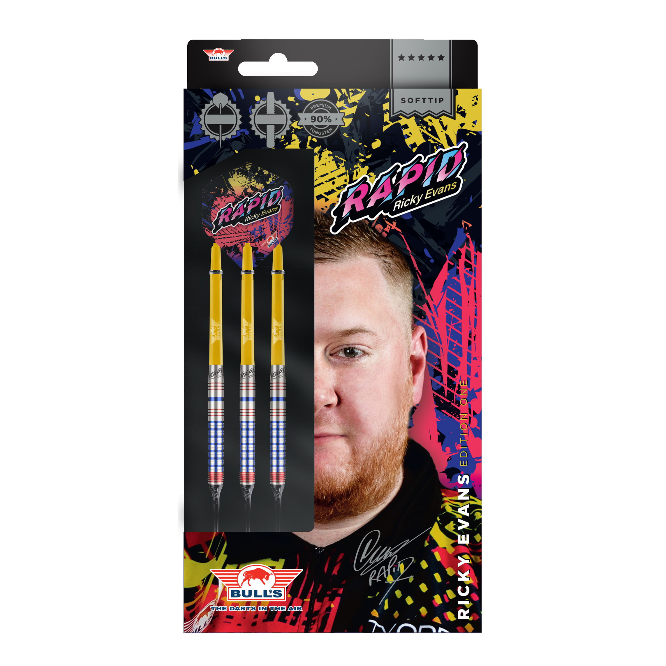 Bulls NL Ricky Evans Rapid Edition One Fléchettes souples - 20 g Das Bild zeigt die Verpackung der "Bulls NL Ricky Evans Rapid Edition One Softdarts - 20g". Auf der Verpackung sind drei Softdarts und ein Porträt von Ricky Evans abgebildet.