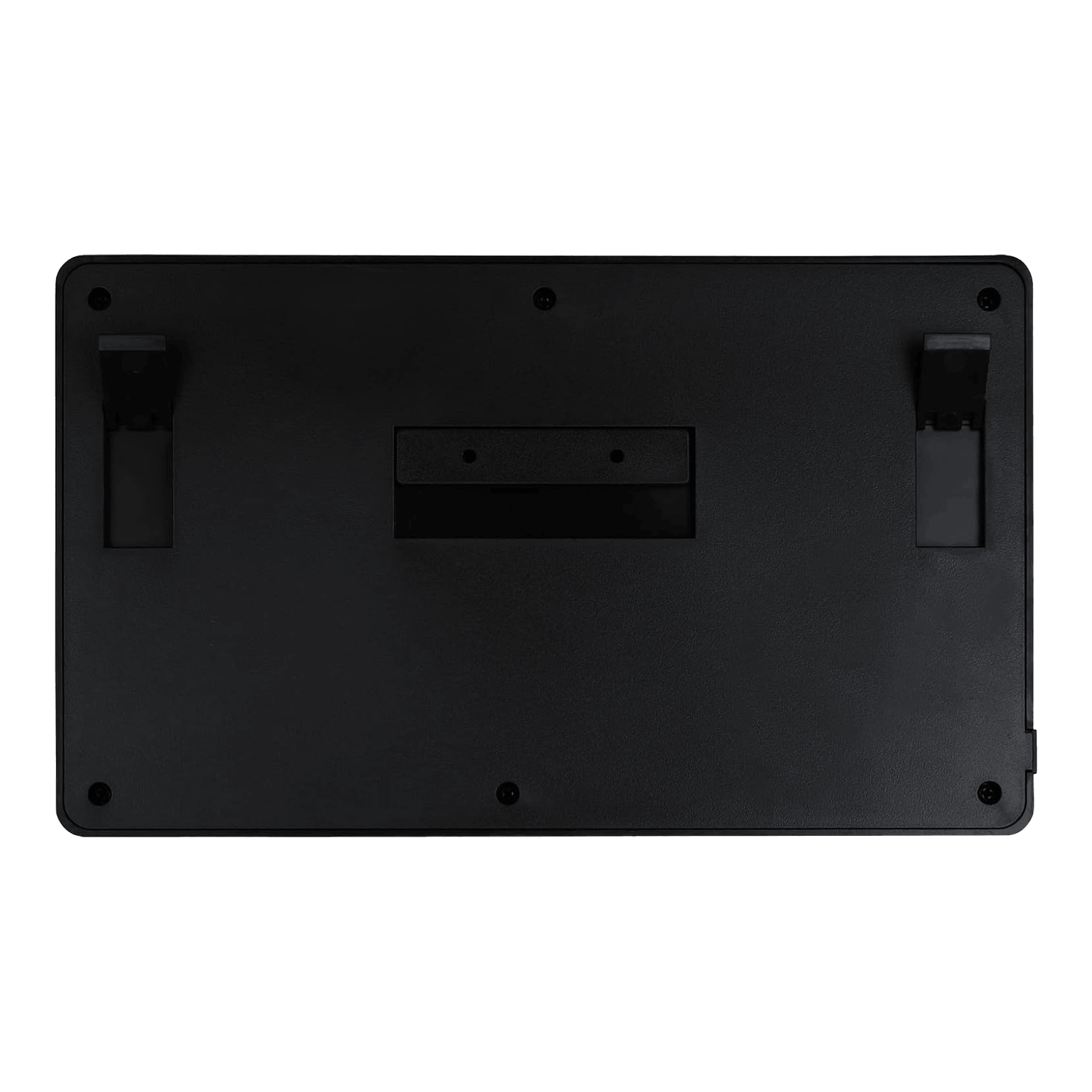 Compteur de fléchettes XQMax Dublin Das Bild zeigt die Rückseite des XQMax Dublin Dart Counter. Die Oberfläche ist schwarz mit zwei ausklappbaren Ständern und mehreren Befestigungspunkten.