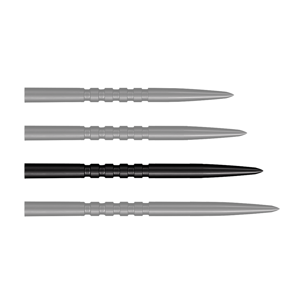 Pointes de fléchettes en acier Shot Grip Point - Noires Das Bild zeigt vier schwarze Stahlspitzen für Steeldarts, die nebeneinander liegen. Jede Spitze ist 38 mm lang und hat gerillte Griffzonen.