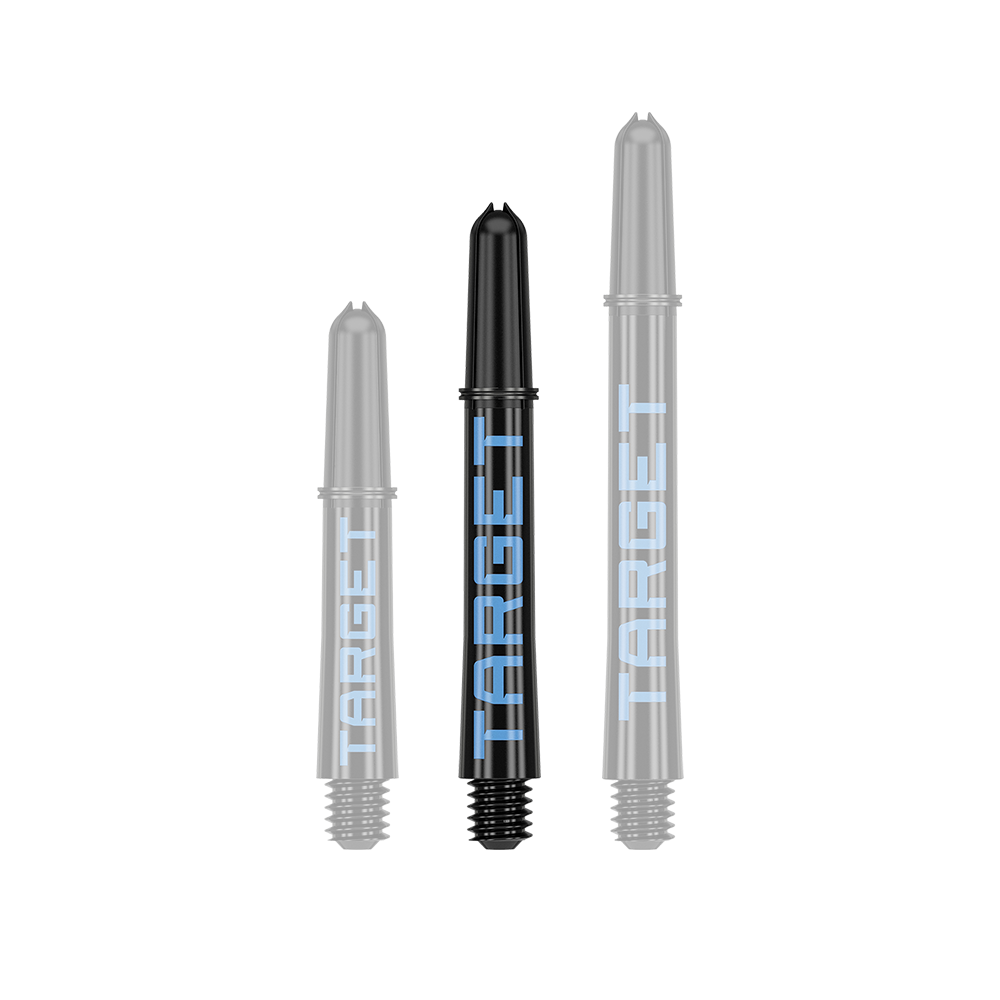 Tiges Target Pro Grip TAG - 3 jeux - Noir et bleu Das Bild zeigt drei schwarze Dartschäfte in unterschiedlicher Länge mit blauer Aufschrift "TARGET". Sie sind in einer Reihe nebeneinander angeordnet.