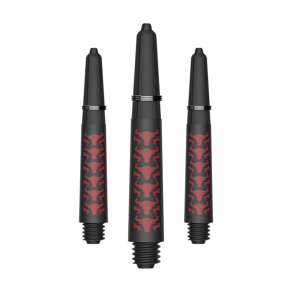 Tiges en carbone Bulls NL Capo - Rouge Das Bild zeigt ein Set aus roten Capo Carbon Shafts mit einer kurzen Länge von 34mm. Es handelt sich um Zubehör für Dartpfeile.