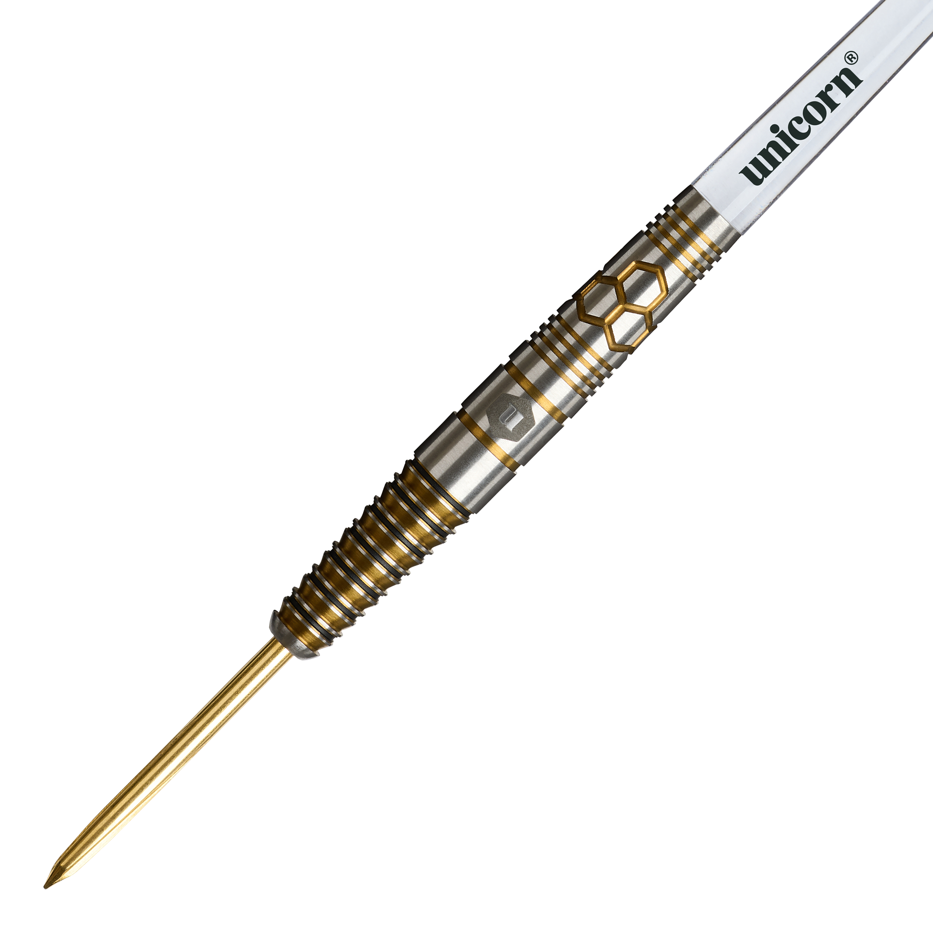 Fléchettes en acier Unicorn Hexium Style 03 or et noir Das Bild zeigt die Unicorn Hexium Style 03 Gold & Black Steeldarts. Die Steeldarts sind in goldener und schwarzer Farbe gestaltet.