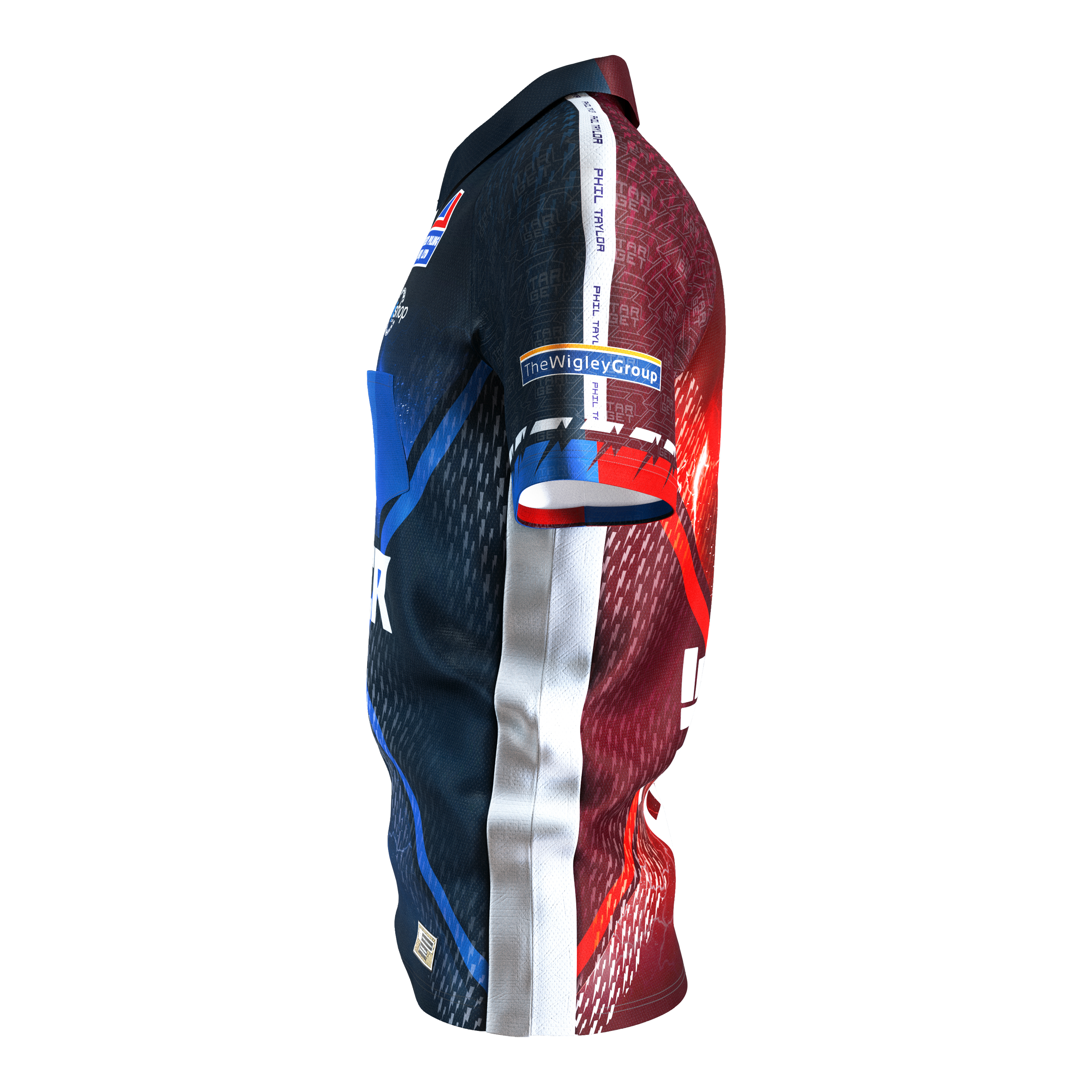 Maillot de fléchettes Target Coolplay Phil Taylor 2025 Das Bild zeigt das Target Coolplay Phil Taylor 2025 Dartshirt in einer Seitenansicht. Das Shirt hat ein auffälliges Design in den Farben Blau, Rot und Weiß mit mehreren Sponsorenlogos.