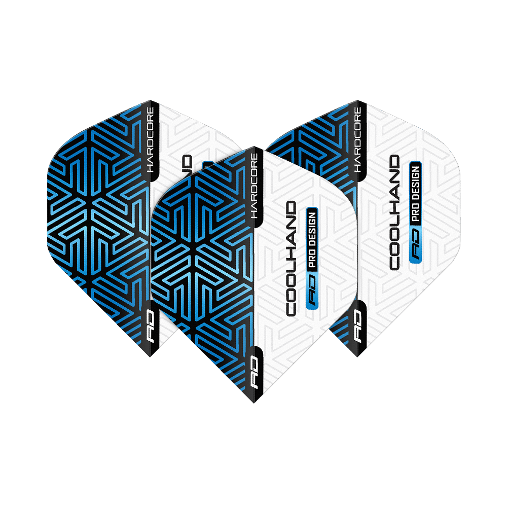 Vols Red Dragon Hardcore Luke Humphries Bleu Blanc Premium Standard Das Bild zeigt vier Dart-Flights in Blau und Weiß mit geometrischem Muster. Auf den Flights stehen die Wörter "HARDCORE", "COOLHAND" und "RD PRO DESIGN".