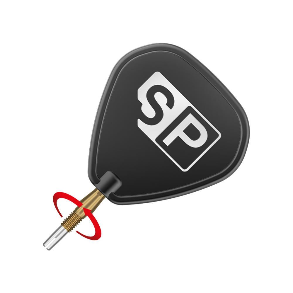 Pointes de fléchettes Target Swiss Storm Diamond Point - Or Das Bild zeigt eine schwarze Dartflügel mit der Aufschrift "SP" in weiß. Daran ist eine goldene Dartspitze befestigt.