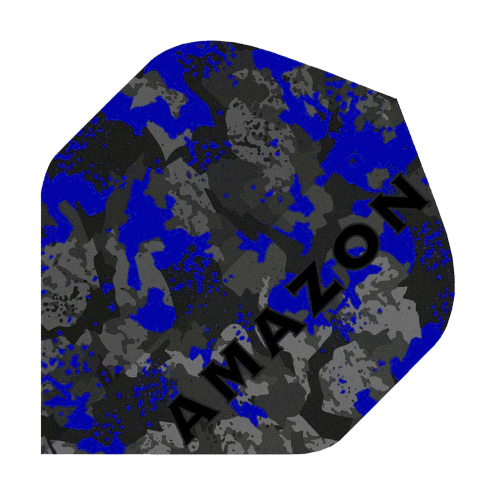 A17_Amazon_Camo_Standard_Flights_Blau_1 Das Bild zeigt ein Dart-Flight mit einem blauen, grauen und schwarzen Camouflage-Muster. Auf dem Flight steht schräg das Wort "AMAZON".