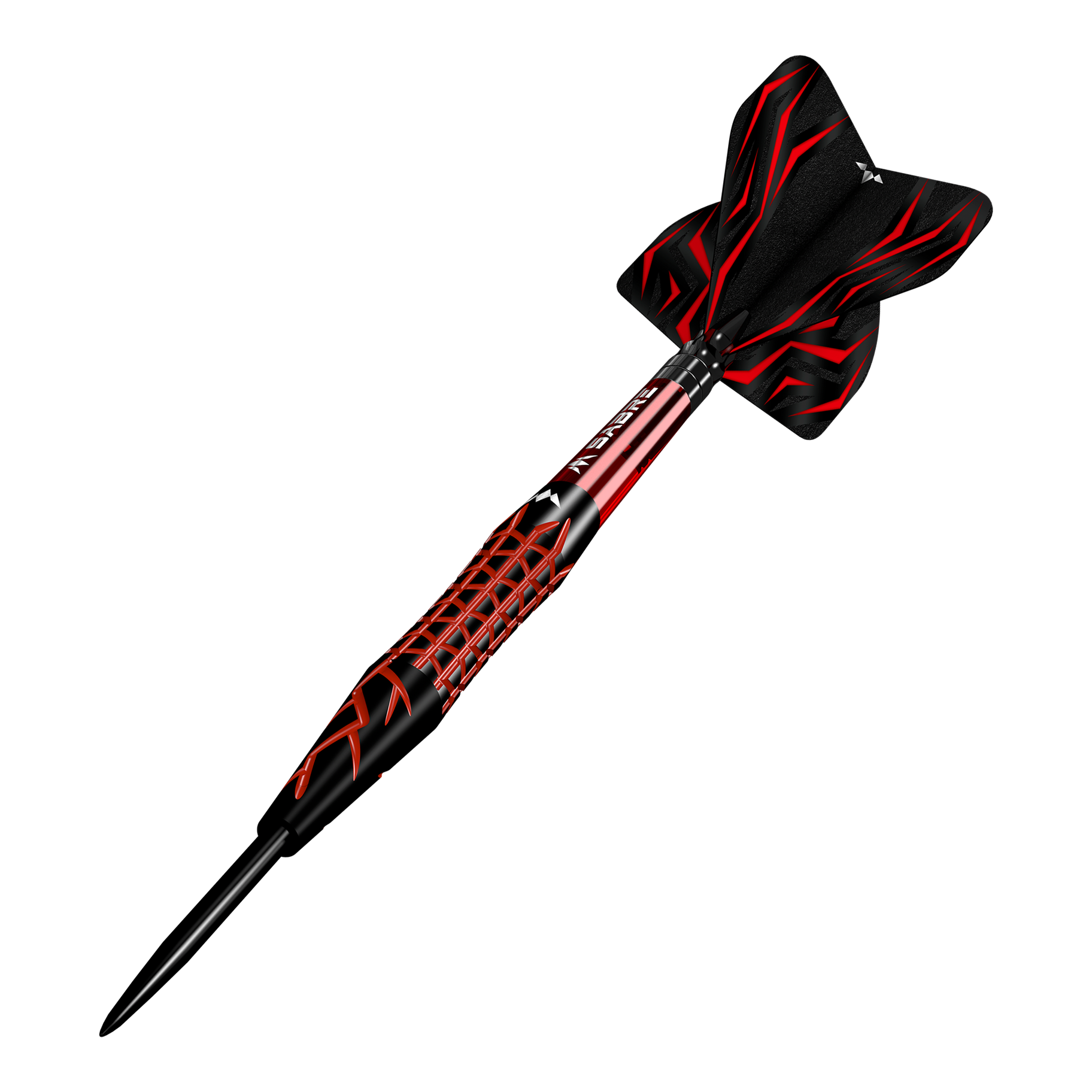 Fléchettes en acier Mission Lava Das Bild zeigt einen Mission Lava Steeldart mit schwarzem und rotem Design. Der Dartpfeil hat eine spitze Metallspitze und auffällige Flügel mit roten Mustern.