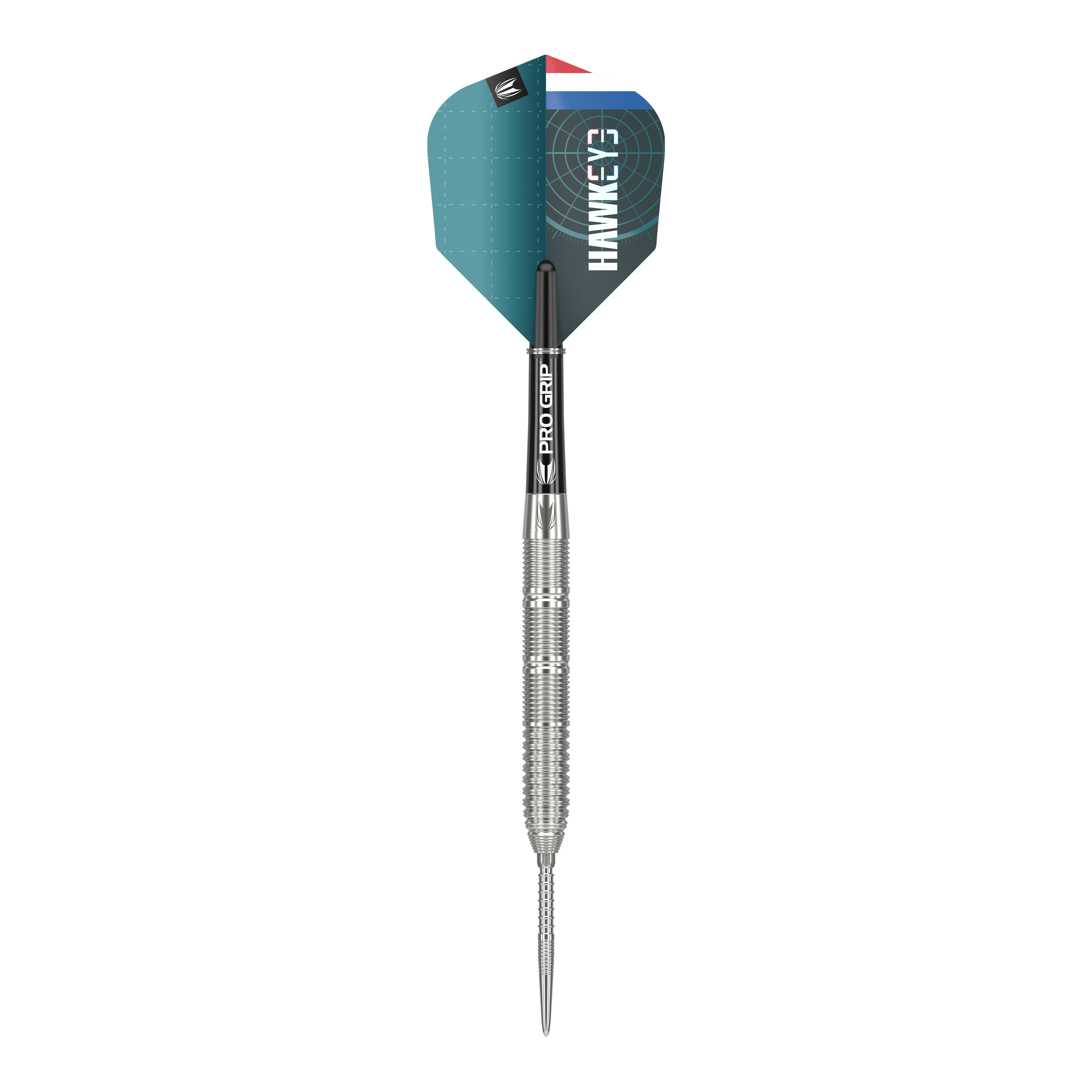 Target Kevin Doets GEN1 Swiss Point Steeldarts - 23g Das Bild zeigt einen Target Kevin Doets GEN1 Swiss Point Steeldart mit einem Gewicht von 23 Gramm. Der Dart hat einen silbernen, geriffelten Barrel und eine blau-schwarze Flight mit der Aufschrift "HAWKEYE".