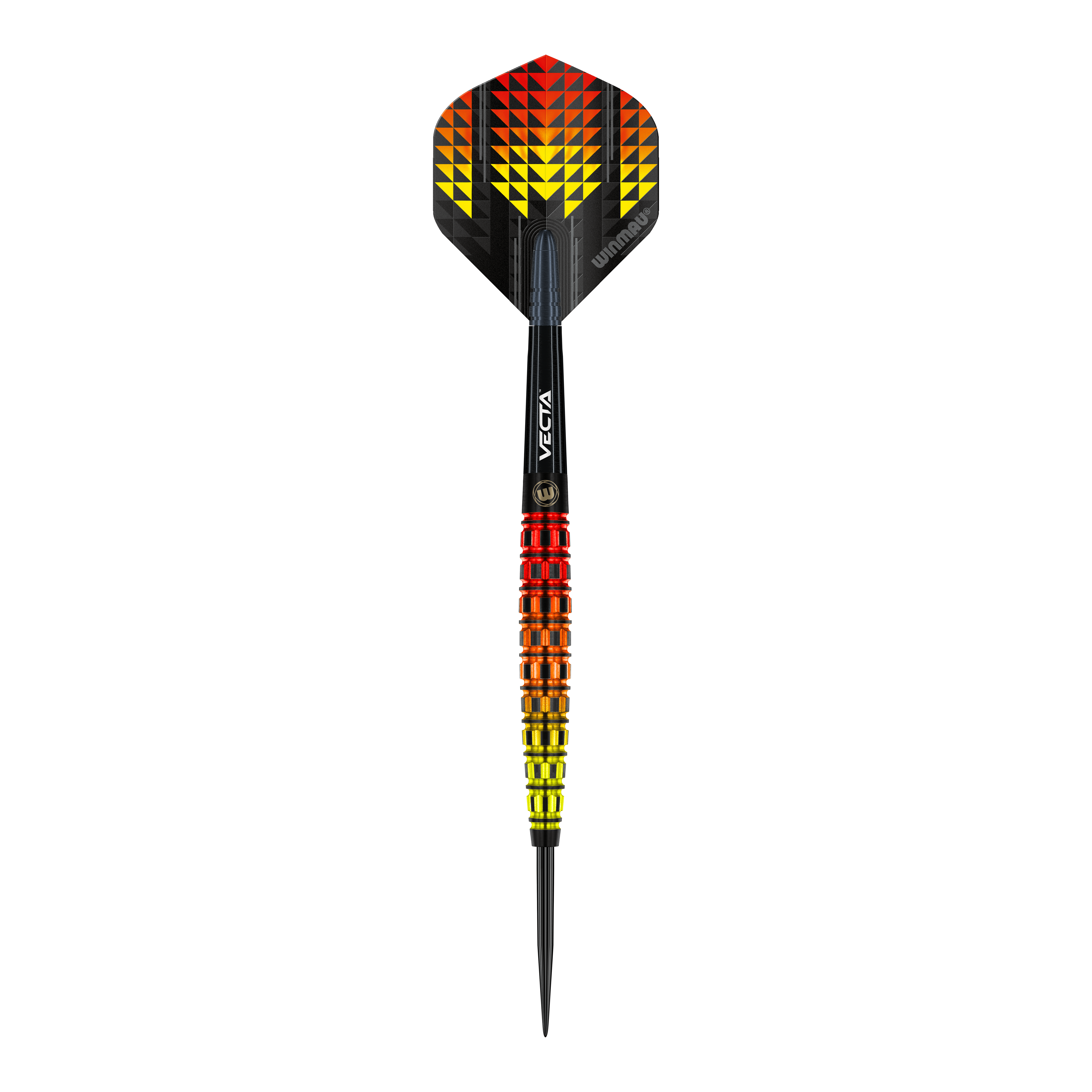 Fléchettes coniques en acier Winmau Firestorm Flame Der Winmau Firestorm Flame Tapered Steeldart hat ein auffälliges Design mit gelben, orangefarbenen und roten Farbverläufen. Die Flights zeigen ein geometrisches Muster in denselben Farben und geben dem Dart ein flammendes Aussehen.