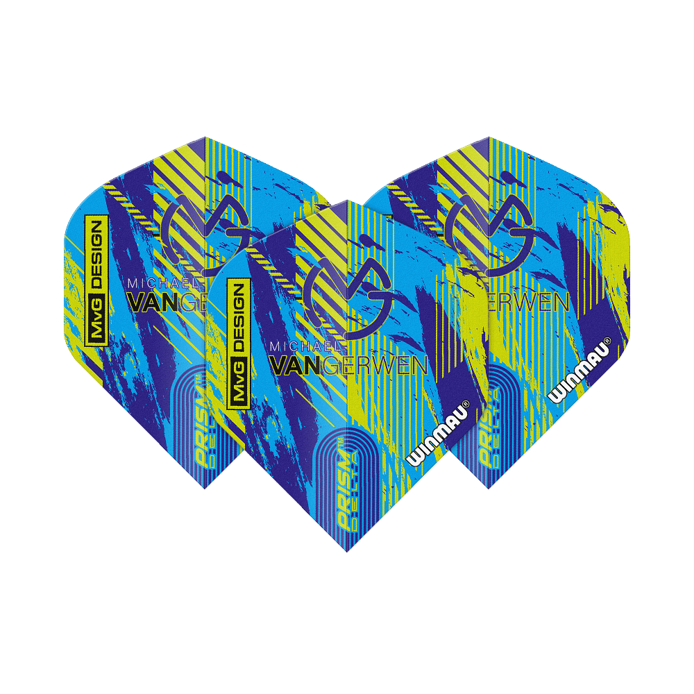 Winmau Delta Michael Van Gerwen Prism 04 Vols standard Das Bild zeigt die Winmau Delta Michael Van Gerwen Prism 04 Standard Flights. Sie haben ein farbenfrohes Design in Blau, Gelb und Schwarz mit dem Namen und Logo von Michael Van Gerwen.