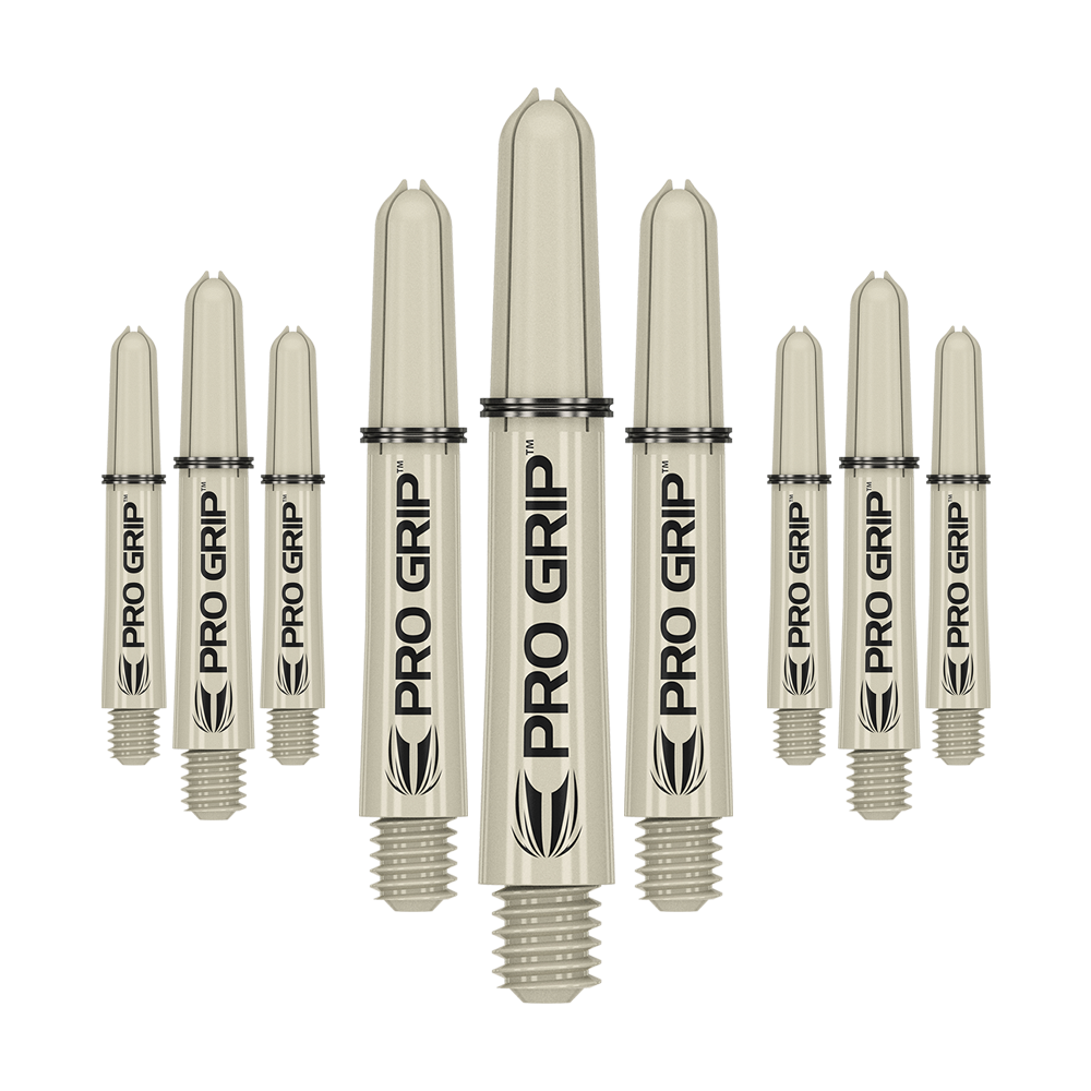 Tiges Target Pro Grip - 3 jeux - Sable Das Bild zeigt neun beige Dartschäfte mit der Aufschrift „PRO GRIP“. Sie sind in drei Reihen angeordnet, wobei die mittlere Reihe größer erscheint.