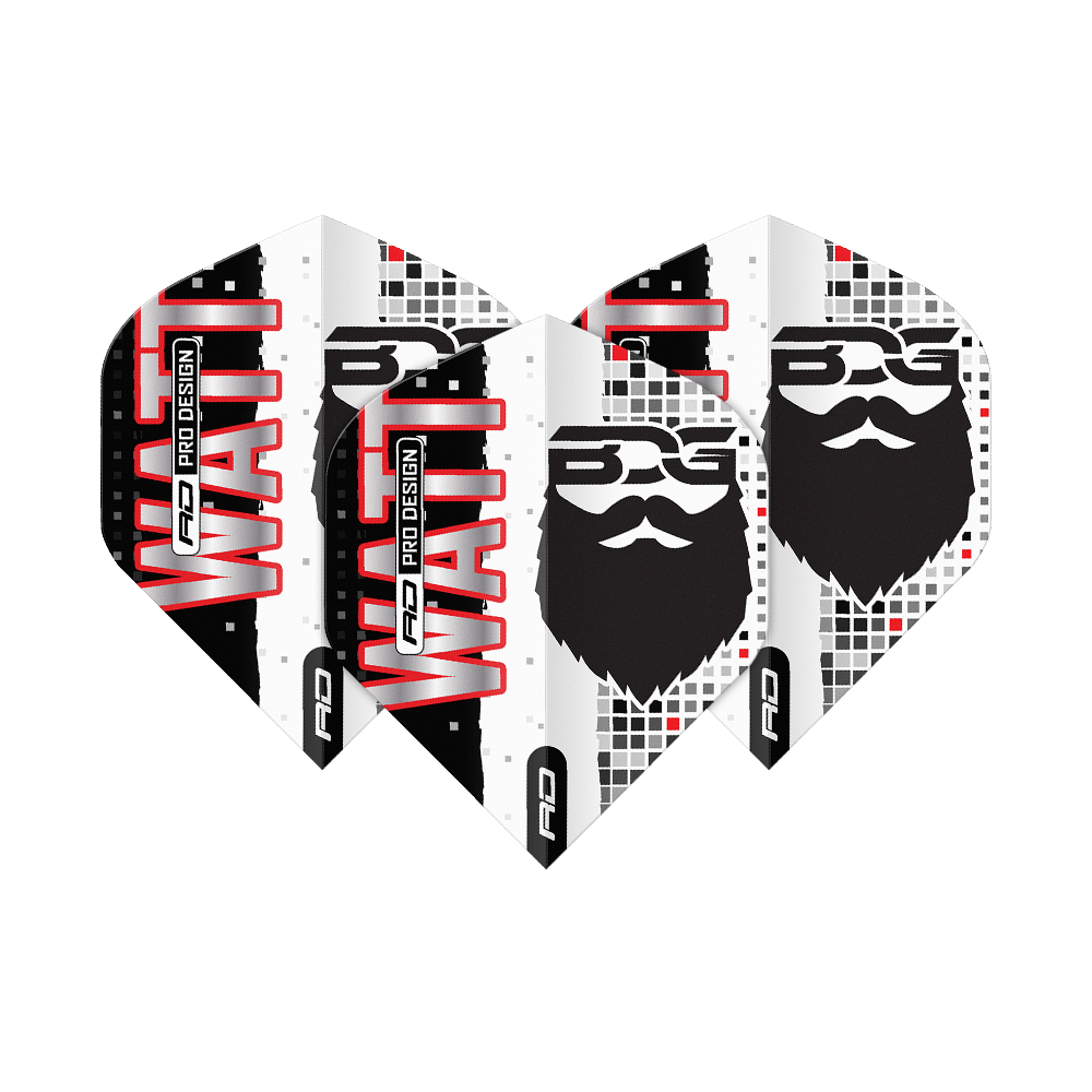 Vols Red Dragon Hardcore Jason Watt BDG Premium No2 Standard Das Bild zeigt vier Dartflights mit dem Aufdruck "WATT" und einem stilisierten Bartgesicht. Die Flights sind in Schwarz, Weiß und Rot gestaltet und tragen das Logo „BDG Pro Design“.