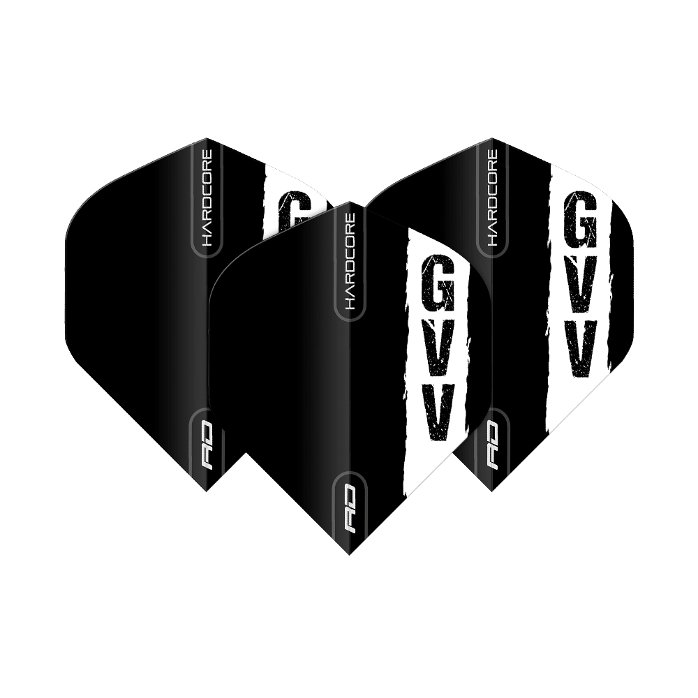 Vols standard Red Dragon Hardcore Gian Van Veen Black Logo Das Bild zeigt drei schwarze Dartflights mit dem weißen Aufdruck "GVV" und dem Schriftzug "HARDCORE". Es handelt sich um das Produkt "Red Dragon Hardcore Gian Van Veen Black Logo Standard Flights".