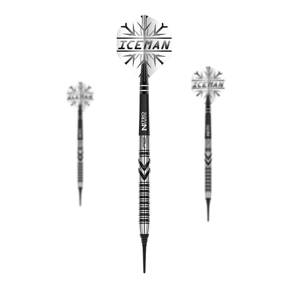 Red Dragon Gerwyn Price Fléchettes souples Thunderbolt - 20 g Das Bild zeigt drei Softdarts des Modells "Red Dragon Gerwyn Price Thunderbolt - 20g". Auf den Flights steht "ICEMAN" und die Darts haben ein schwarz-silbernes Design.