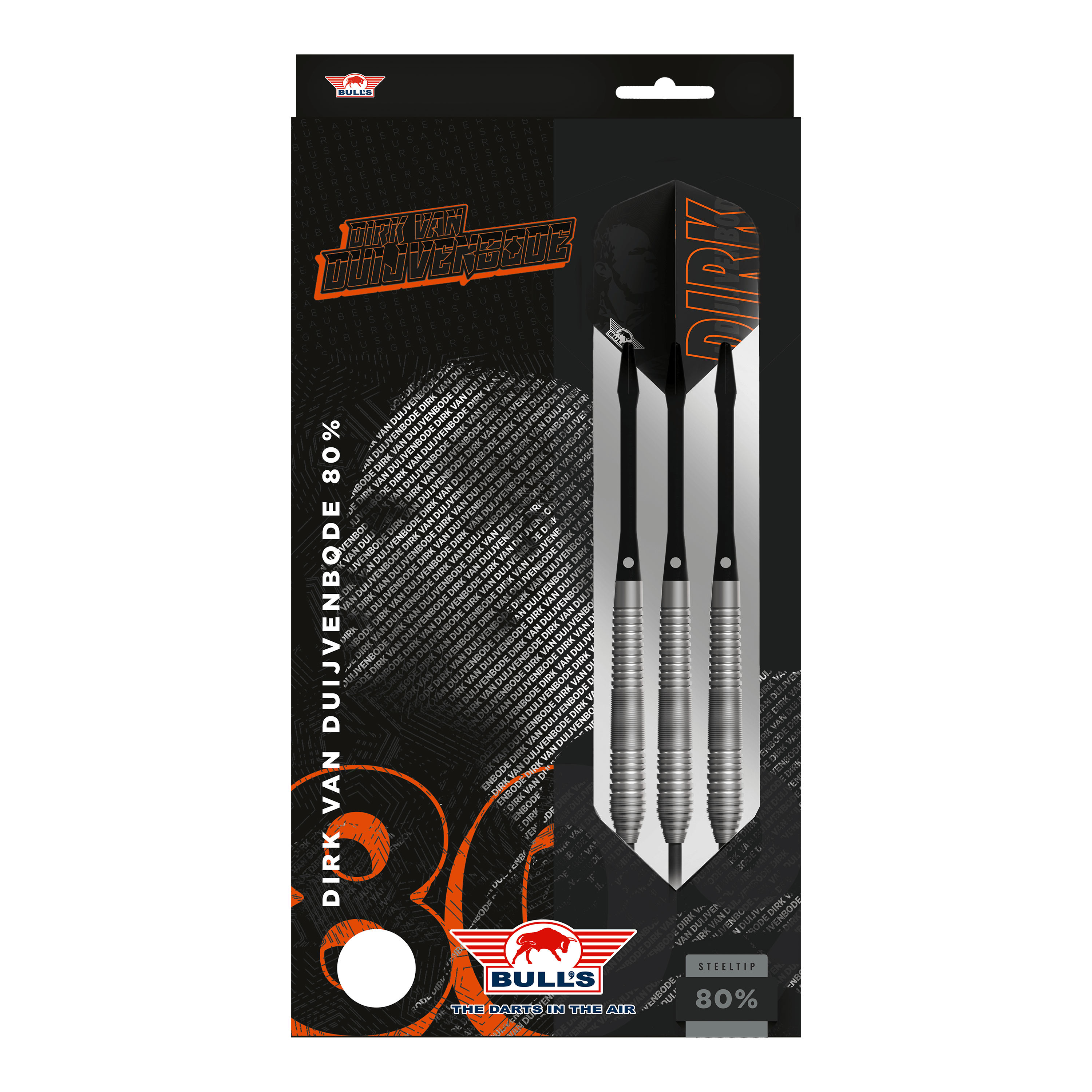 Bulls NL Dirk Van Duijvenbode 80 fléchettes en acier Auf dem Bild ist eine Verpackung der "Bulls NL Dirk Van Duijvenbode 80 Steeldarts" zu sehen. Die Packung zeigt drei silberne Steeldarts und enthält den Namen des Spielers sowie das Bulls-Logo.