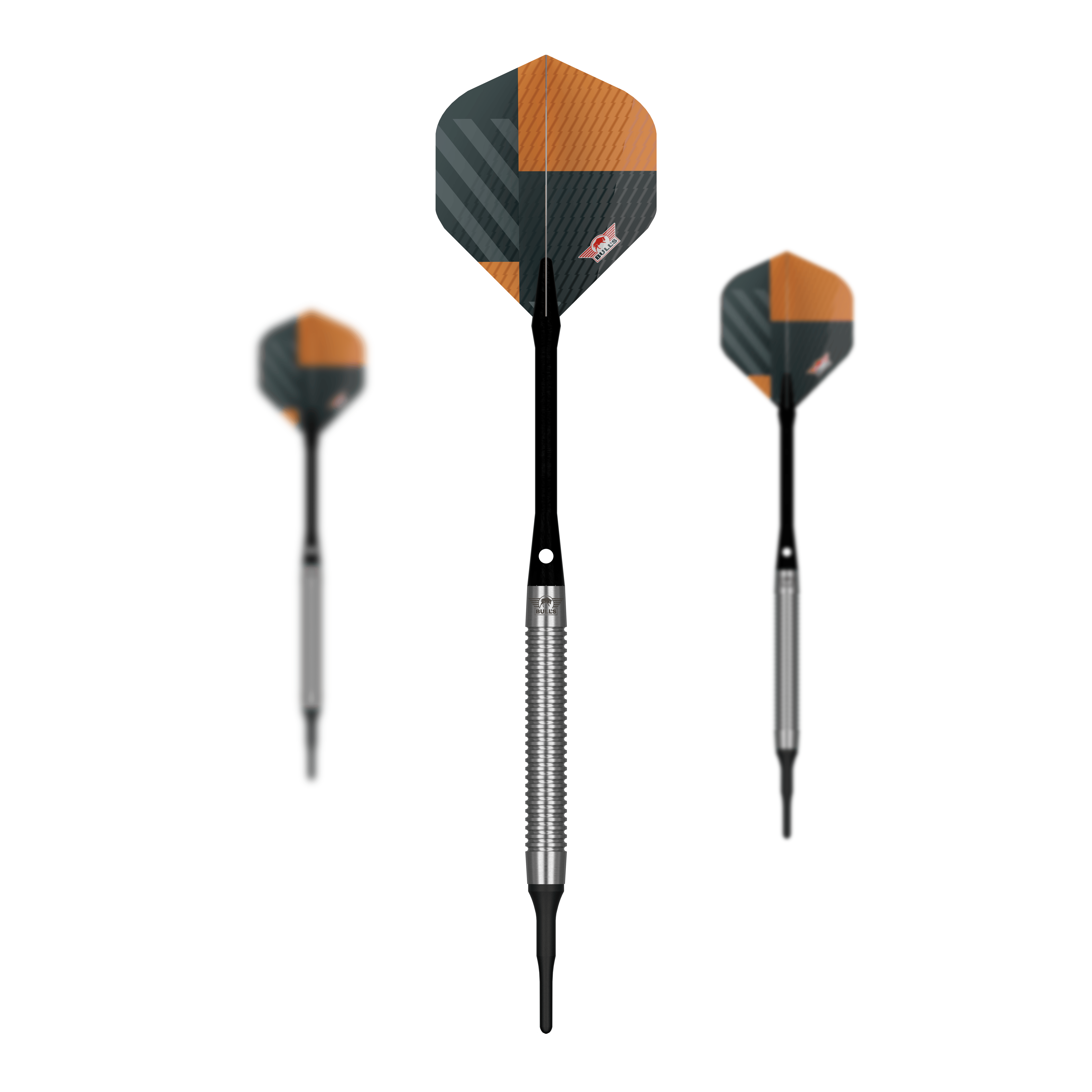 Fléchettes souples Bulls NL Volt Orange - 18 g Zu sehen ist ein Set Bulls NL Volt Orange Softdarts - 18g. Mehrere Pfeile werden gemeinsam präsentiert.