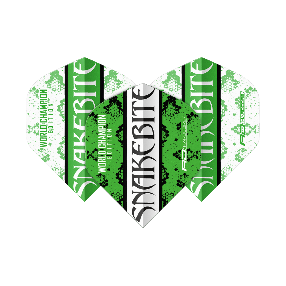 Dragon Rouge Peter Wright Morsure de Serpent Vert Blanc Yin Yang Vols Standard Das Bild zeigt drei Dart-Flights in den Farben Grün, Weiß und Schwarz mit der Aufschrift "Snakebite". Auf den Flights steht außerdem "World Champion Edition" und das Red Dragon Logo.