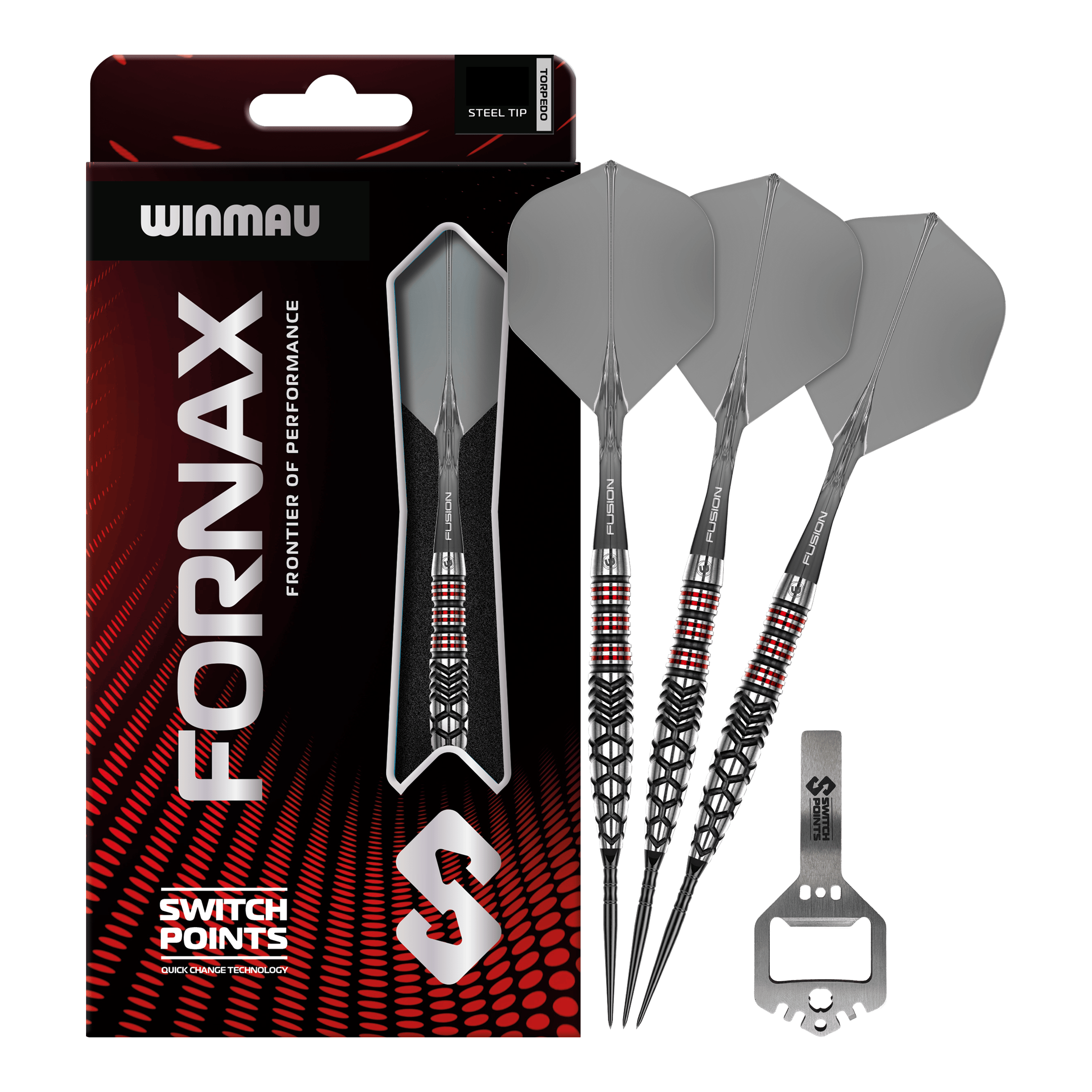 Hier sieht man die Winmau Fornax Torpedo Switch Points Steeldarts. Diese Darts sind für ambitionierte Spieler geeignet.