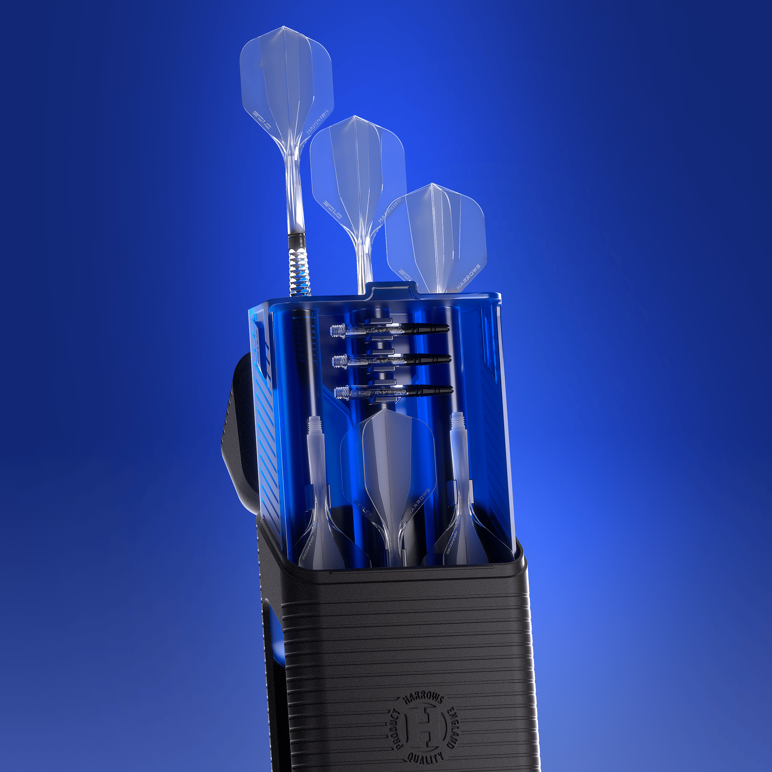 Coffre-fort de Harrows Dartcase Das Bild zeigt eine Detailansicht des Harrows Vault Dartcase in Blau. Die Innenseite des Dartcases ist gut erkennbar.