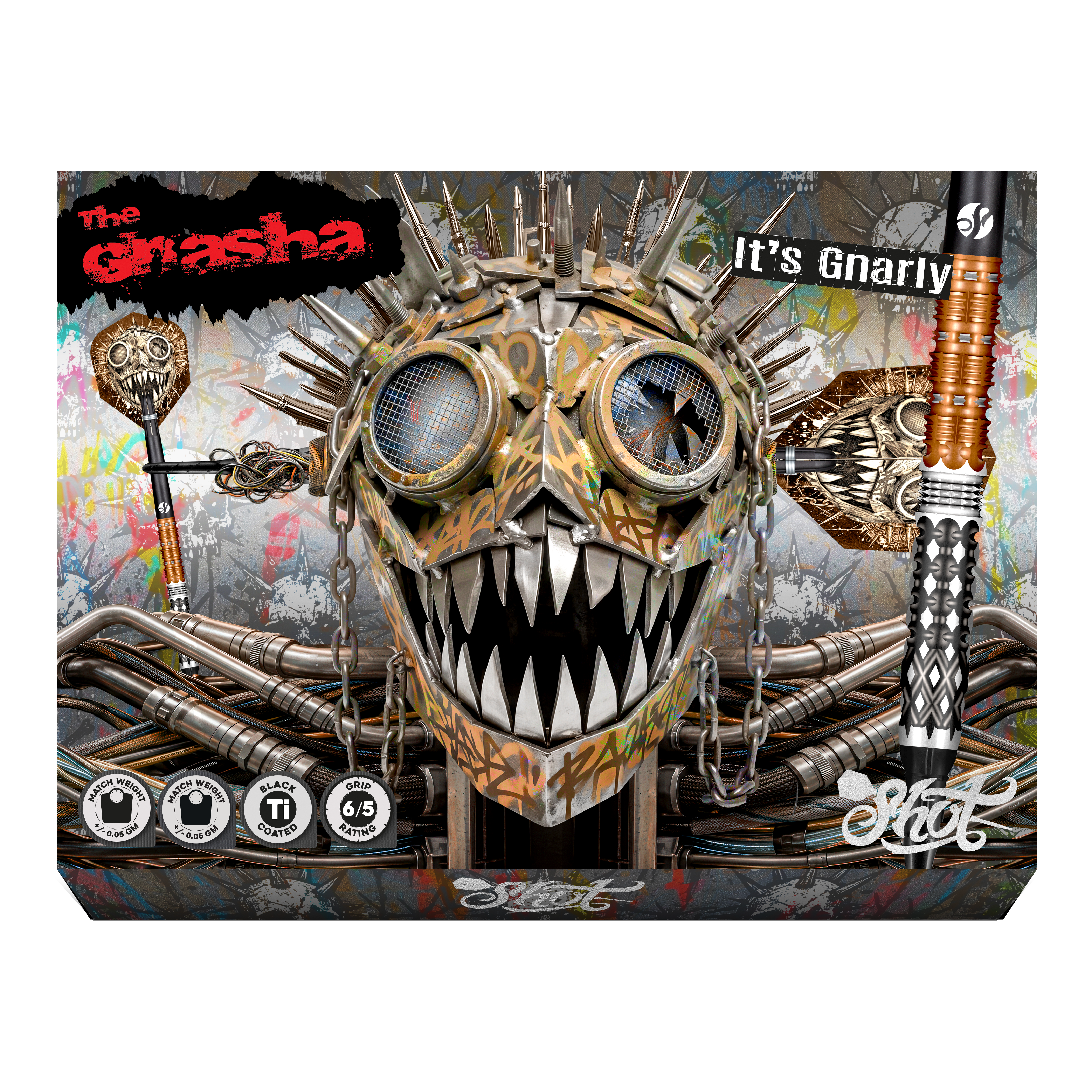 Fléchettes souples Shot Gnarly Gnasha - 20 g Auf dem Bild befinden sich die Shot Gnarly Gnasha Softdarts - 20g. Die Darts sind für das Spielen mit elektronischen Dartboards geeignet.