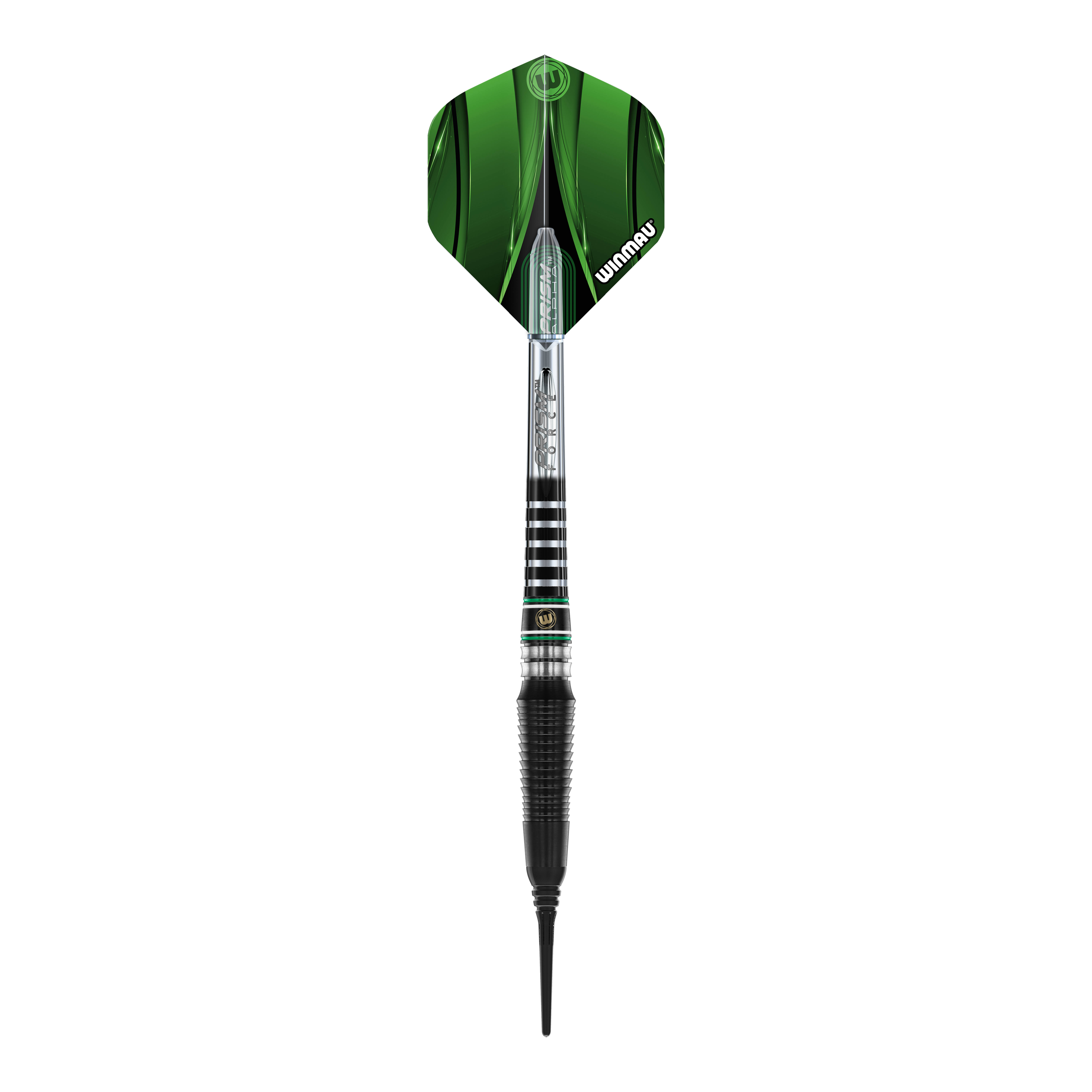 Fléchettes souples Winmau Sniper Black 2025 - 20 g Das Bild zeigt einen Winmau Sniper Black 2025 Softdart mit einem Gewicht von 20g. Der Dart hat schwarze und silberne Elemente sowie rote und grüne Akzente am Schaft.