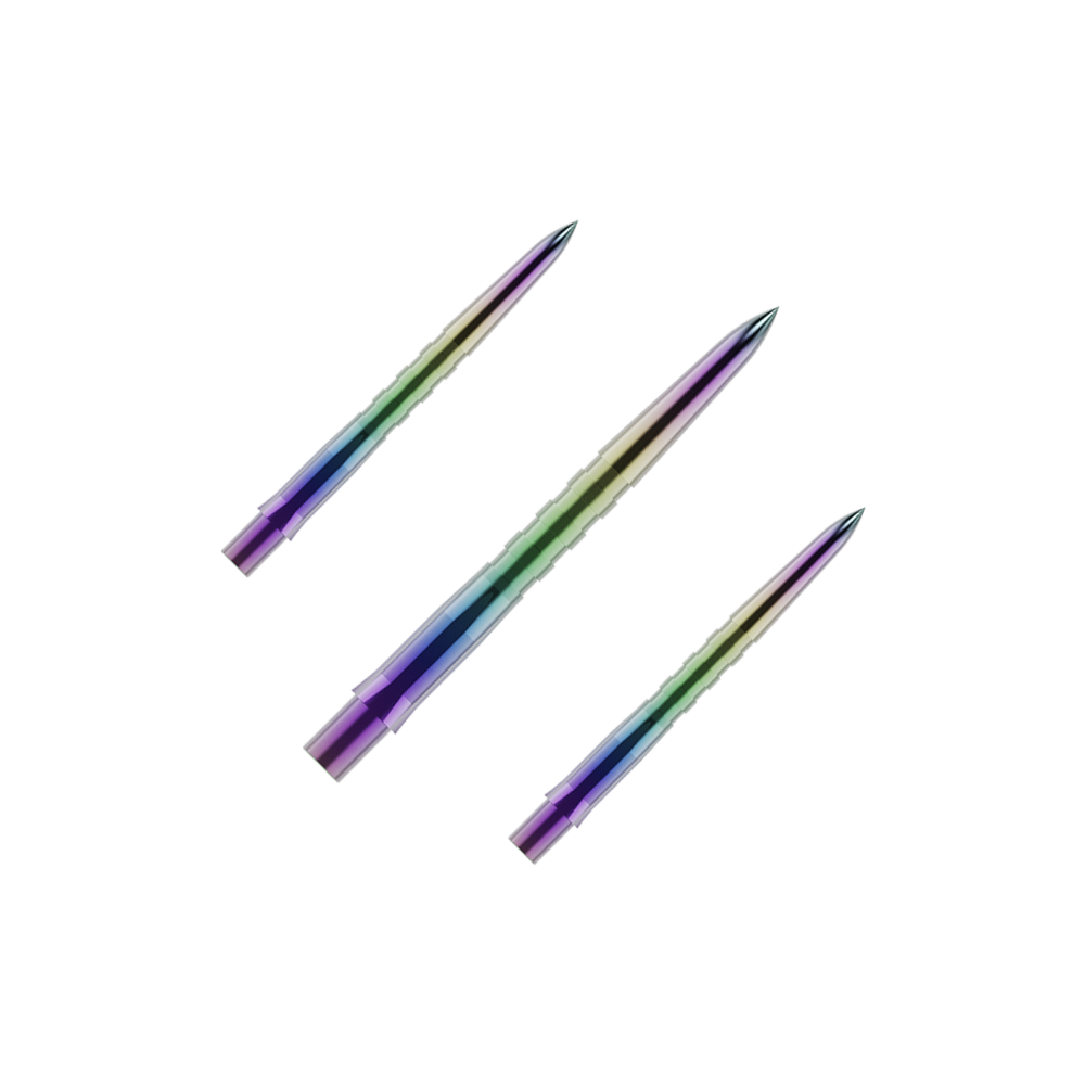 Embouts de fléchettes Mission Caliburn EVO - Rainurés - Corail Auf dem Bild sind drei bunte, gerillte Dartspitzen zu sehen. Sie haben eine glänzende Oberfläche mit violetten, grünen und blauen Farbverläufen.