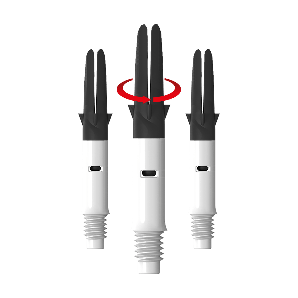 Tige de selle droite silencieuse en carbone style L - Blanc Das Bild zeigt drei weiße und schwarze Dartshafts nebeneinander. Über dem mittleren Shaft ist ein roter Pfeil, der eine Drehbewegung anzeigt.