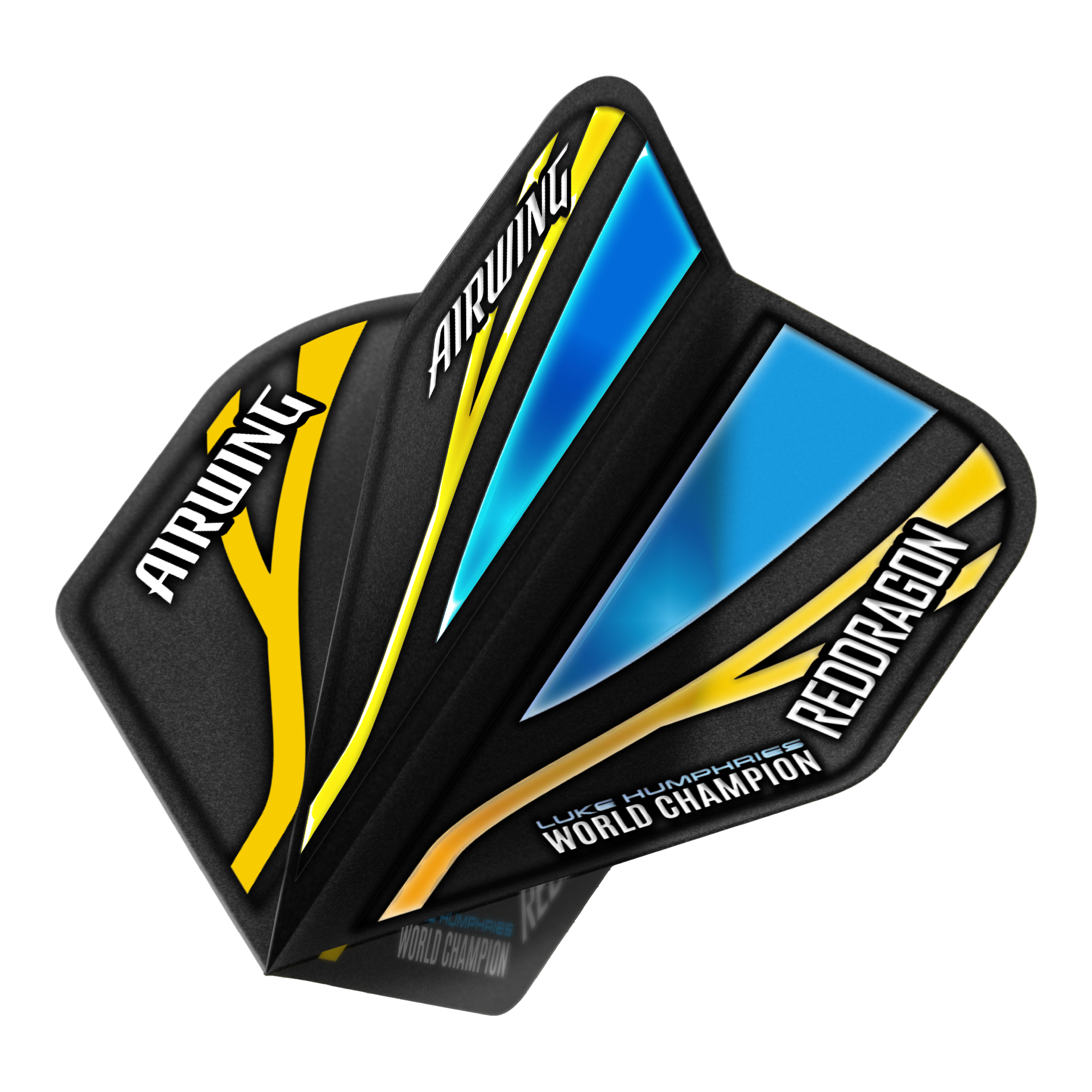 L'escadron aérien Red Dragon, Luke Humphries, champion du monde, vols standard noirs et bleus Das Bild zeigt die Red Dragon Airwing Luke Humphries World Champion Black Blue Standard Flights. Die Flights sind schwarz mit blauen und gelben Akzenten und tragen die Aufschriften "AIRWING", "RED DRAGON" und "WORLD CHAMPION".