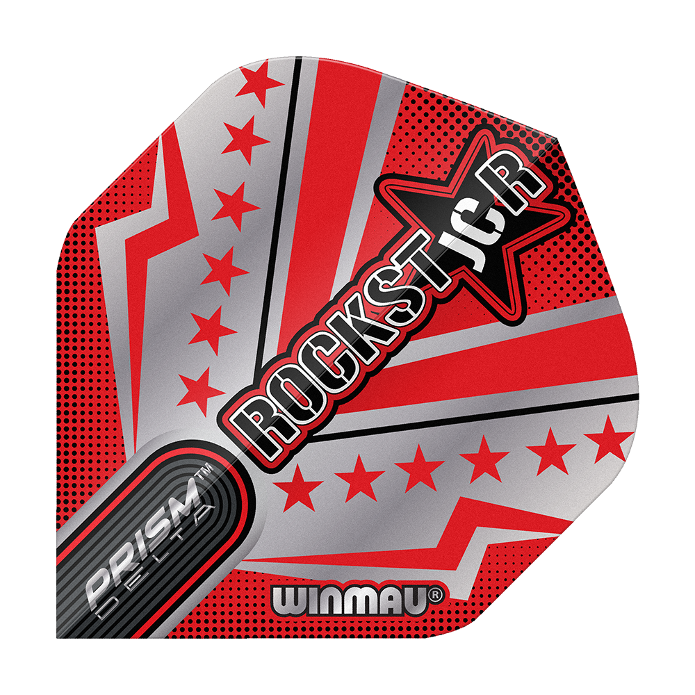 Vols standard Winmau Prism Delta Joe Cullen Rockstar Series n°2 Das Bild zeigt ein Dartflight mit auffälligem roten und silbernen Design und mehreren Sternen. In der Mitte steht groß das Wort „ROCKSTAR“ neben einem Stern, darunter befinden sich die Markenaufschriften „PRISM DELTA“ und „WINMAU“.