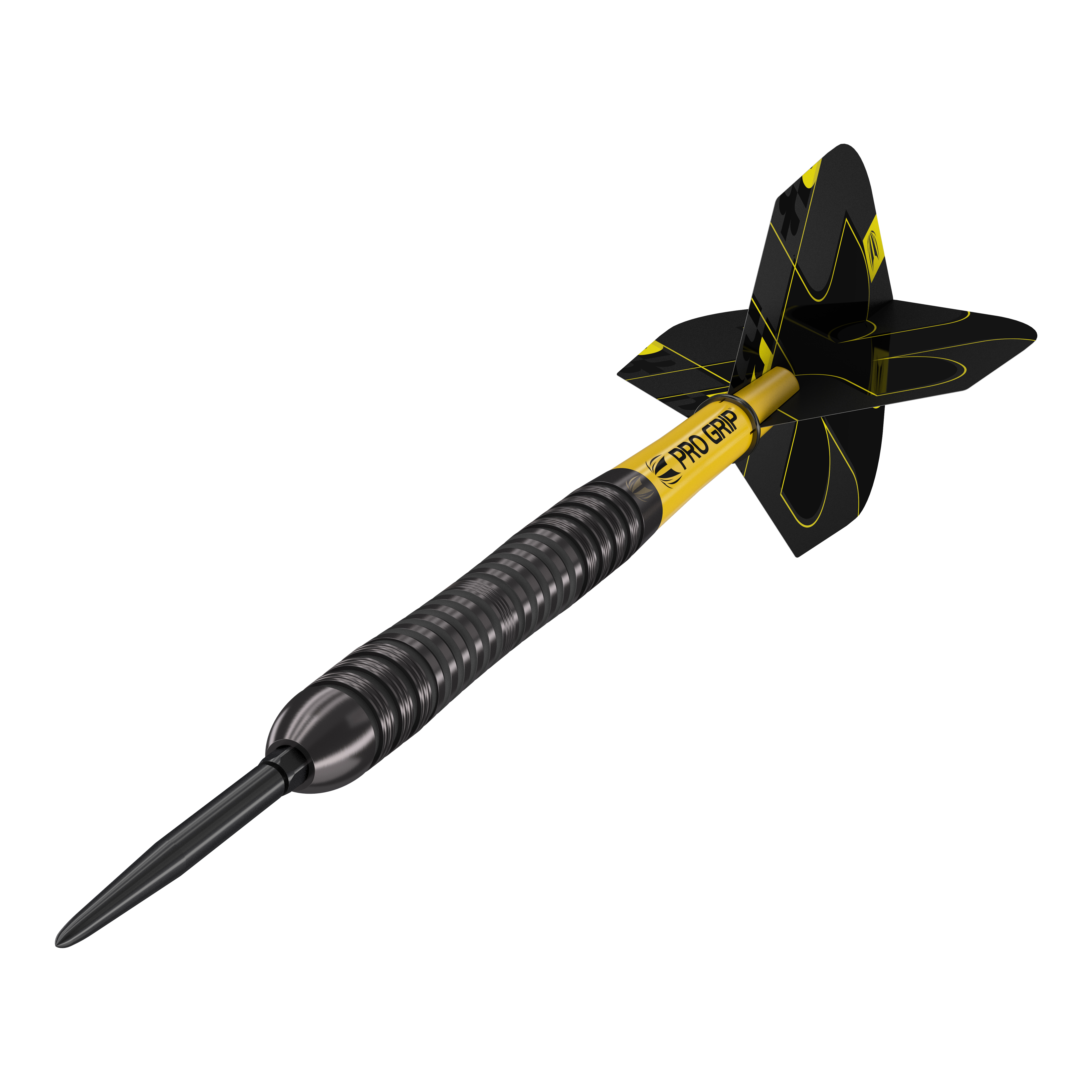 Fléchettes en acier Target Bolide Void 04 Swiss Point Das Bild zeigt einen Target Bolide Void 04 Swiss Point Steeldart. Der Dart ist schwarz-gelb und hat eine strukturierte Griffzone sowie schwarze Flights mit gelben Linien.