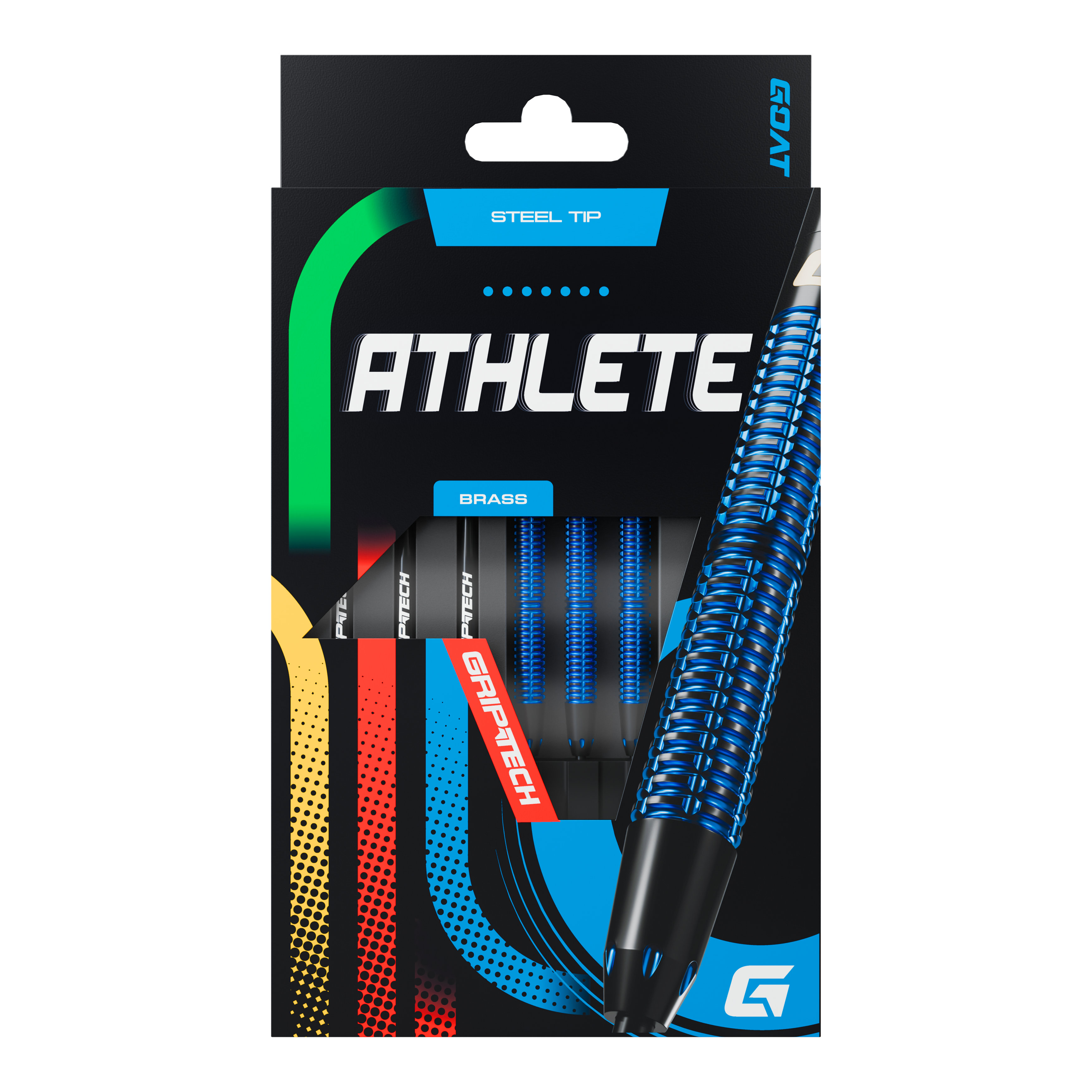 Fléchettes en acier GOAT Athlete en laiton bleu - 12 g Die Abbildung zeigt die Verpackung der GOAT Athlete Blue Brass Steeldarts mit einem Gewicht von 12g. Auf der Verpackung sind blaue, strukturierte Darts sowie die Aufschrift "ATHLETE" und "GRIPTECH" zu sehen.