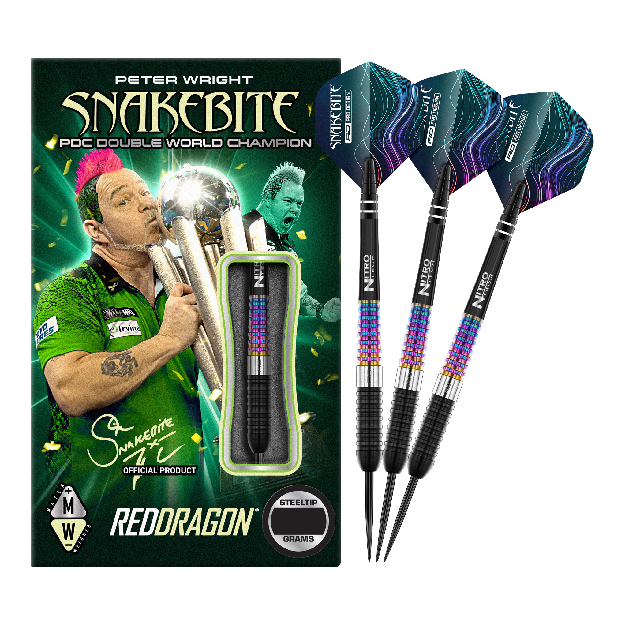 Fléchettes en acier Red Dragon Peter Wright Corra Die Abbildung zeigt die Red Dragon Peter Wright Corra Steeldarts mit bunter Verpackung. Drei Steeldarts mit farbenfrohem Schaft und schwarzen Spitzen sind neben der Verpackung zu sehen.
