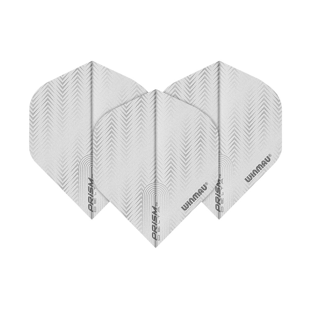 6915-204_Winmau_Prism_Delta_6915-204_Standard_Flights_1qCFmkKbQ4lgqU Das Bild zeigt drei weiße Dart-Flights des Modells "Winmau Prism Delta 6915.204 Standard". Auf jedem Flight sind dezente Muster und die Schriftzüge "PRISM DELTA" und "WINMAU" zu sehen.
