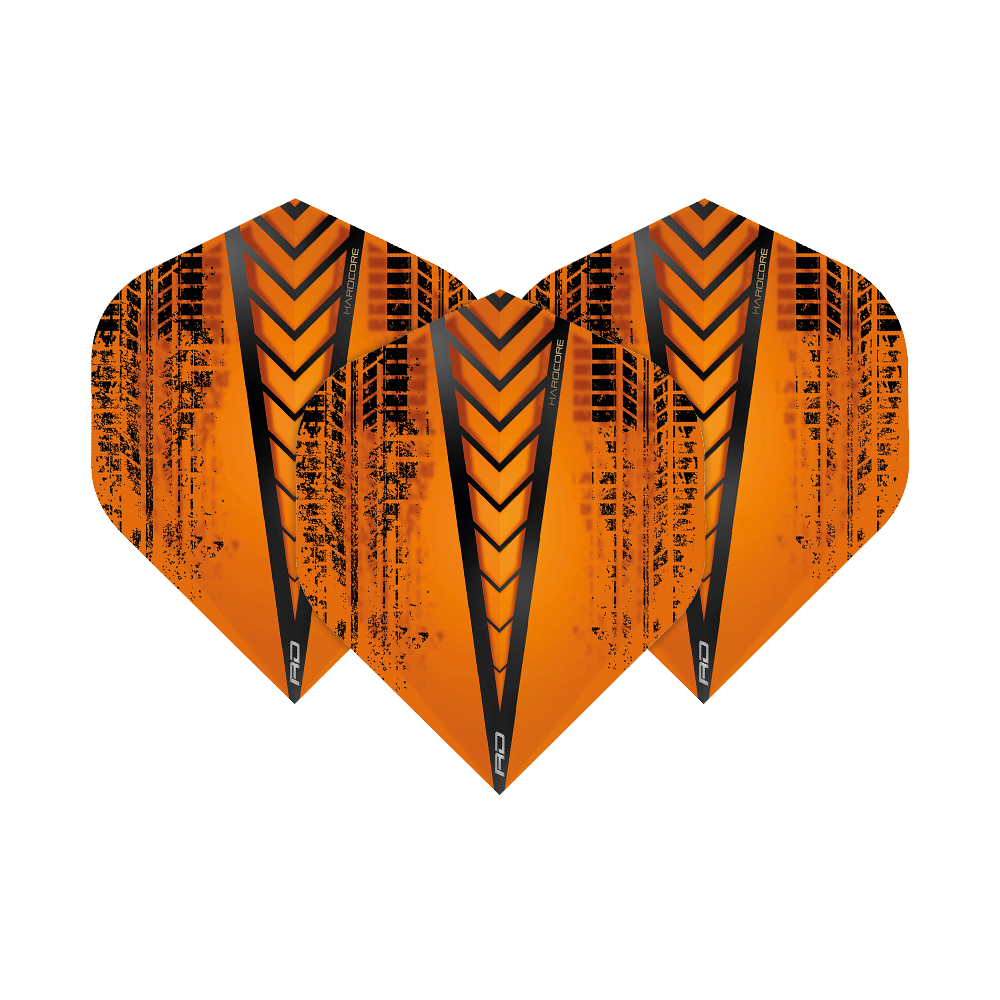 TF6333_Red_Dragon_Hardcore_Radical_Orange_Standard_Flights_14YAnA3Pri9GEw Das Bild zeigt drei Dart-Flights des Modells "Red Dragon Hardcore Radical Orange Standard Flights". Sie sind orange mit schwarzen Mustern und Streifen gestaltet.