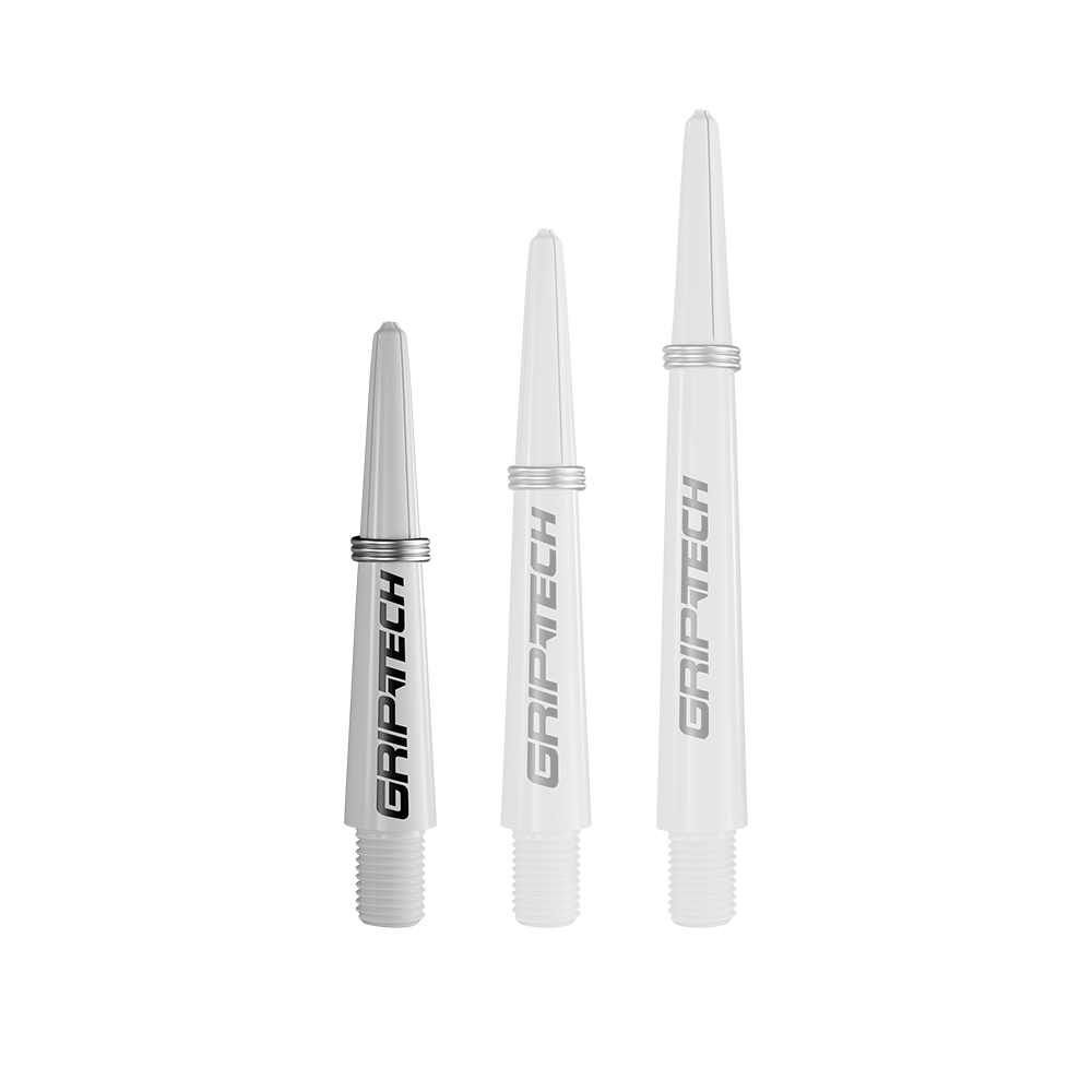 Tiges GOAT Griptech - Blanches Das Bild zeigt drei silberne Dartschäfte in verschiedenen Längen. Auf jedem Schaft steht das Wort "GRIPTECH".
