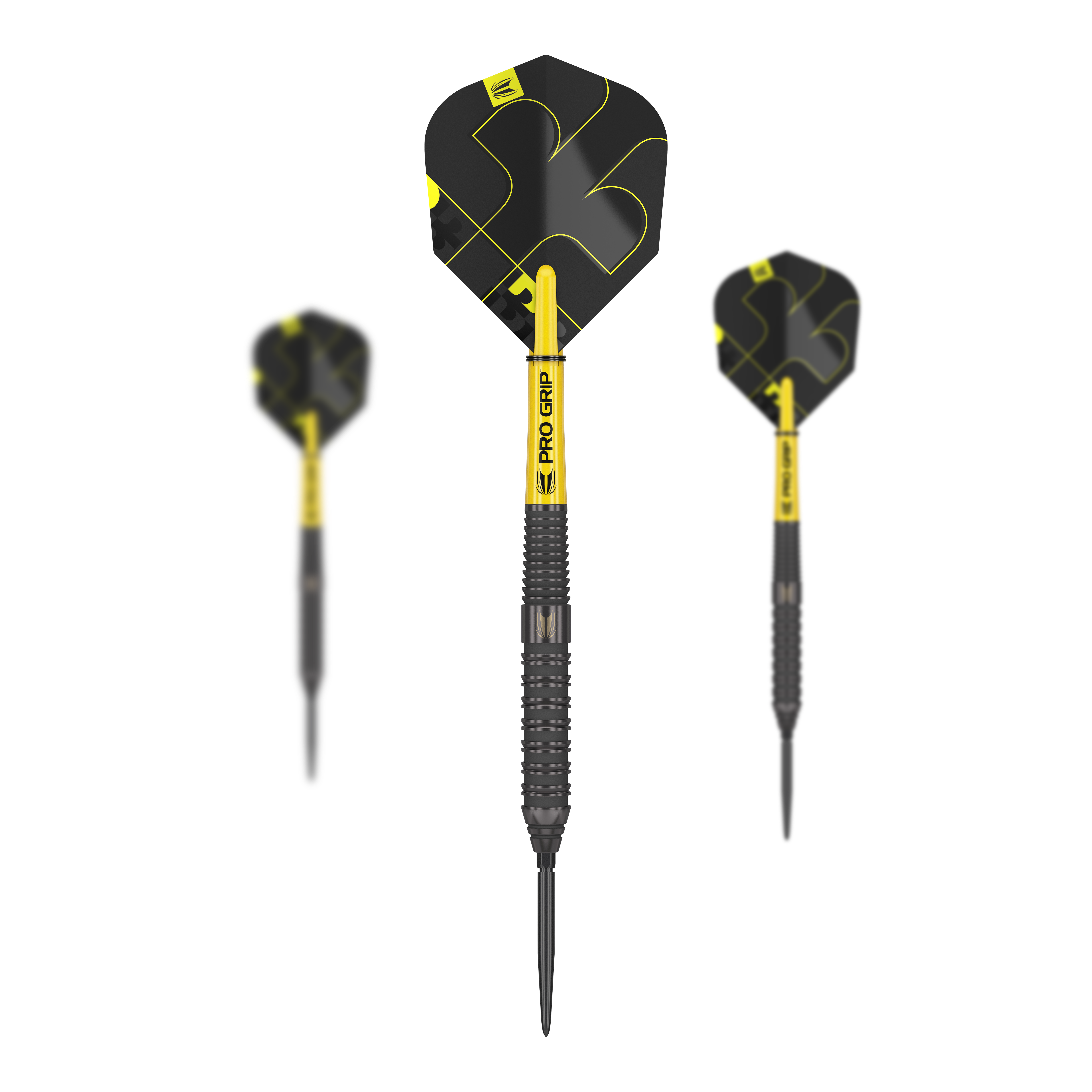 Fléchettes en acier Target Bolide Void 02 Swiss Point Auf dem Bild sind drei Steeldarts des Modells "Target Bolide Void 02 Swiss Point" zu sehen. Die Darts sind schwarz-gelb und haben eine strukturierte Griffzone sowie auffällige Flights.