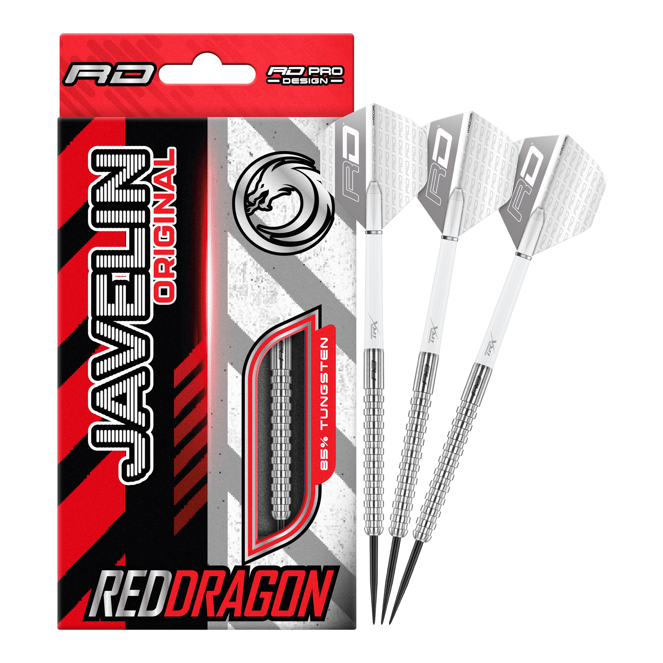 Das Bild zeigt die Red Dragon Javelin Steeldarts in voller Ansicht. Sie sind speziell für das professionelle Darten entwickelt.