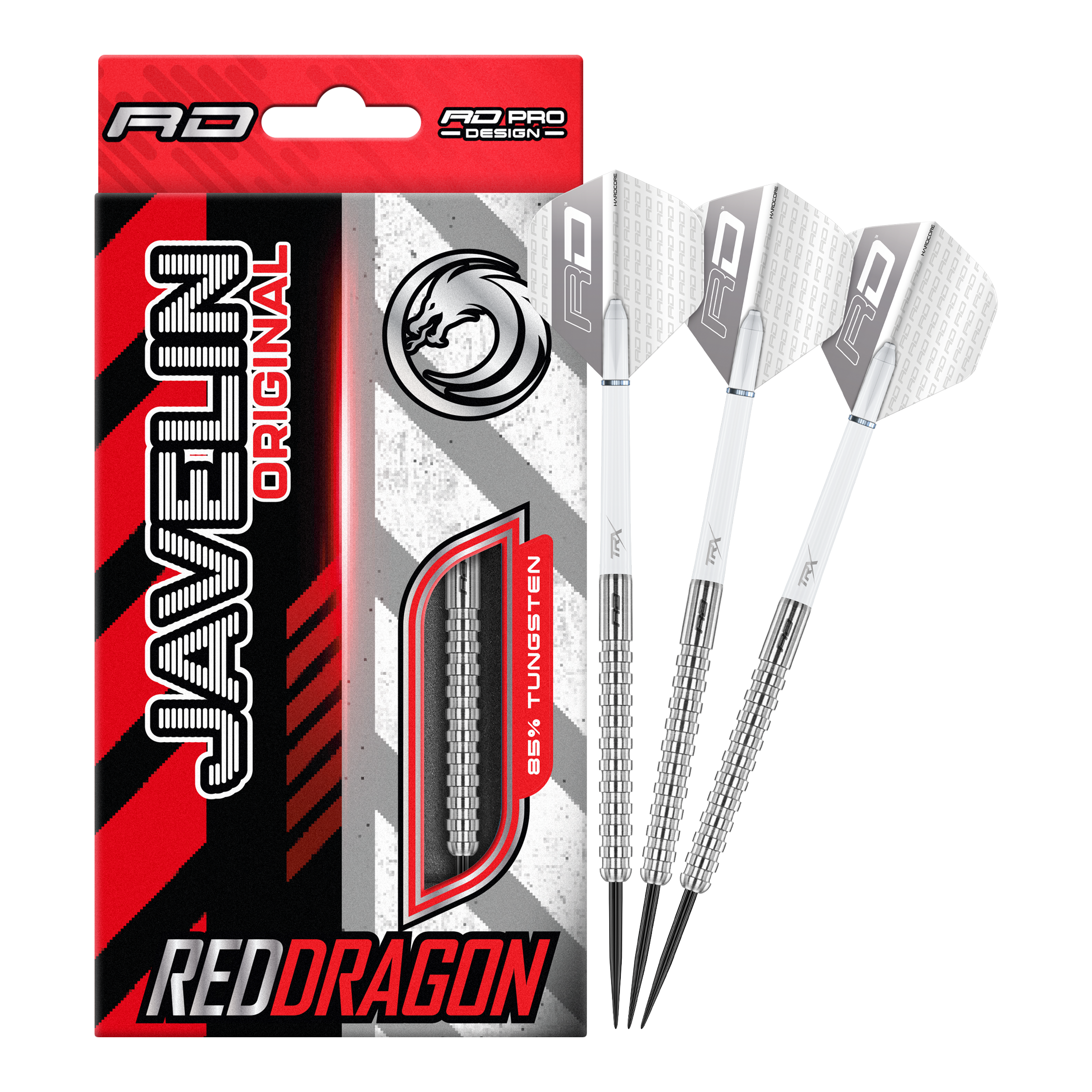Fléchettes en acier Red Dragon Javelin Das Bild zeigt die Red Dragon Javelin Steeldarts in voller Ansicht. Sie sind speziell für das professionelle Darten entwickelt.