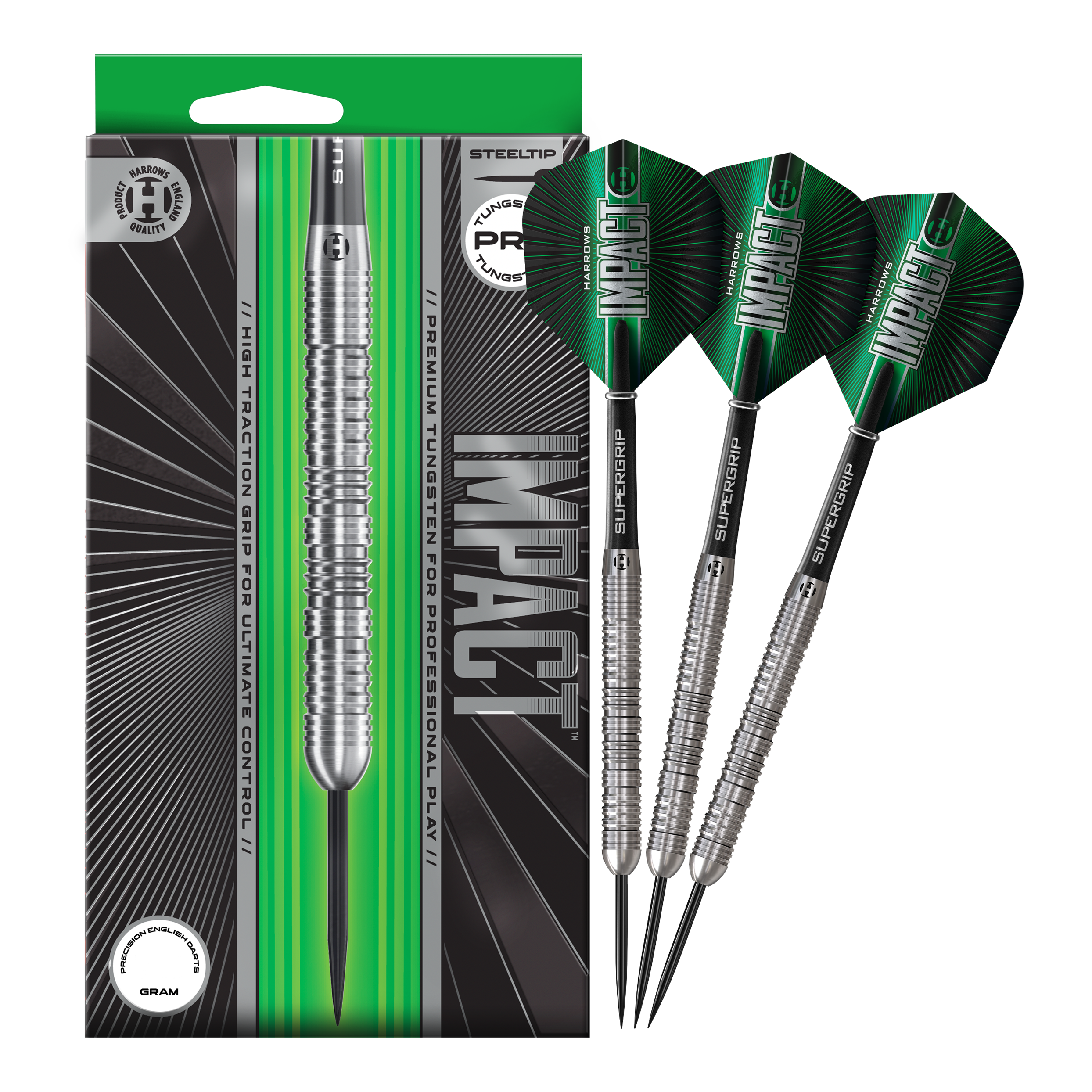 Das Foto zeigt die vollständigen Harrows Impact Steeldarts. Die Darts sind fertig zusammengestellt für den Gebrauch.