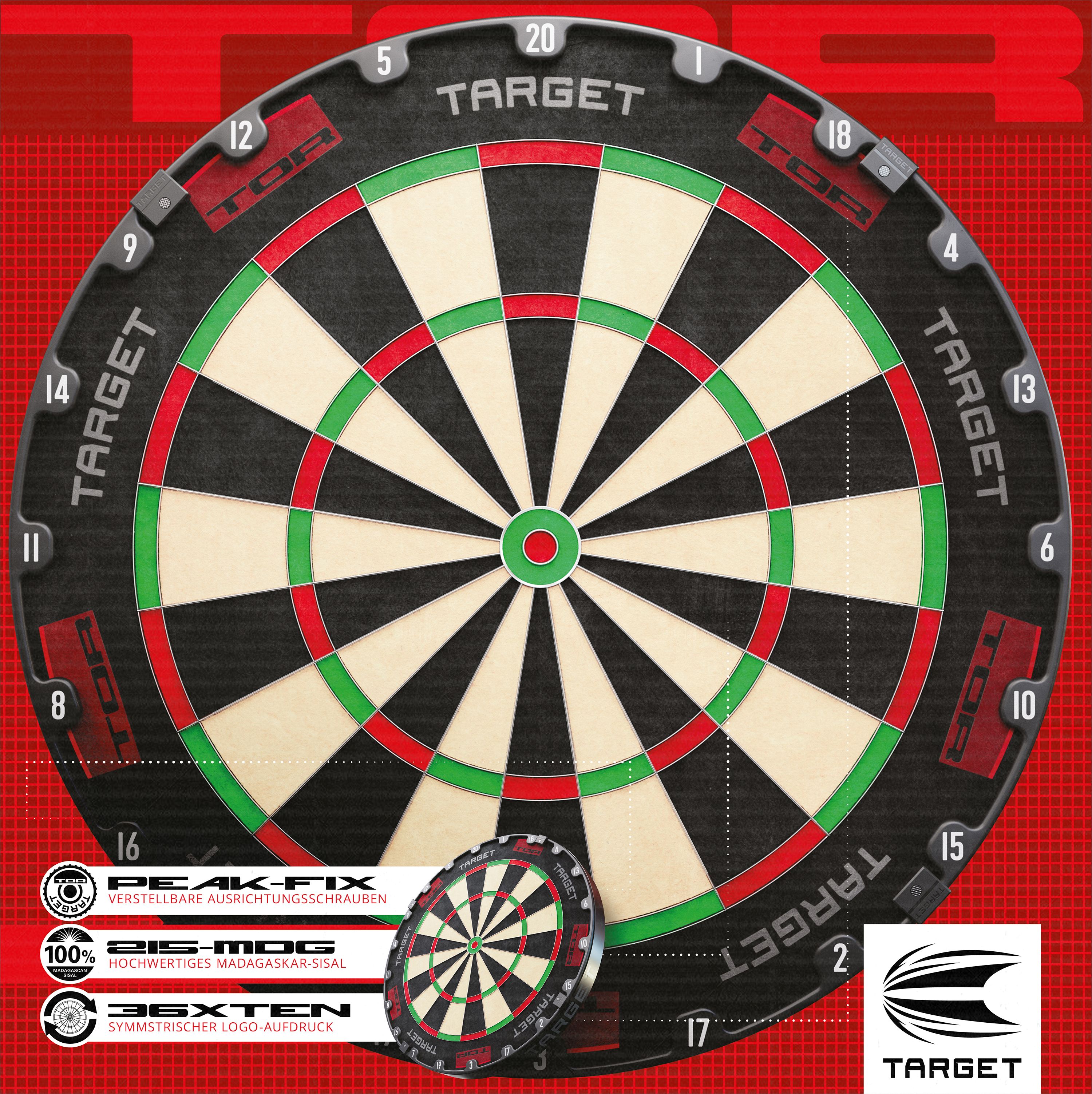 Target de fléchettes en acier Target TOR Das Bild zeigt die Steeldart-Scheibe "Target TOR" mit klassischem Design in Schwarz, Weiß, Rot und Grün. Im Vordergrund sind Logos und spezielle Merkmale der Dartscheibe hervorgehoben.