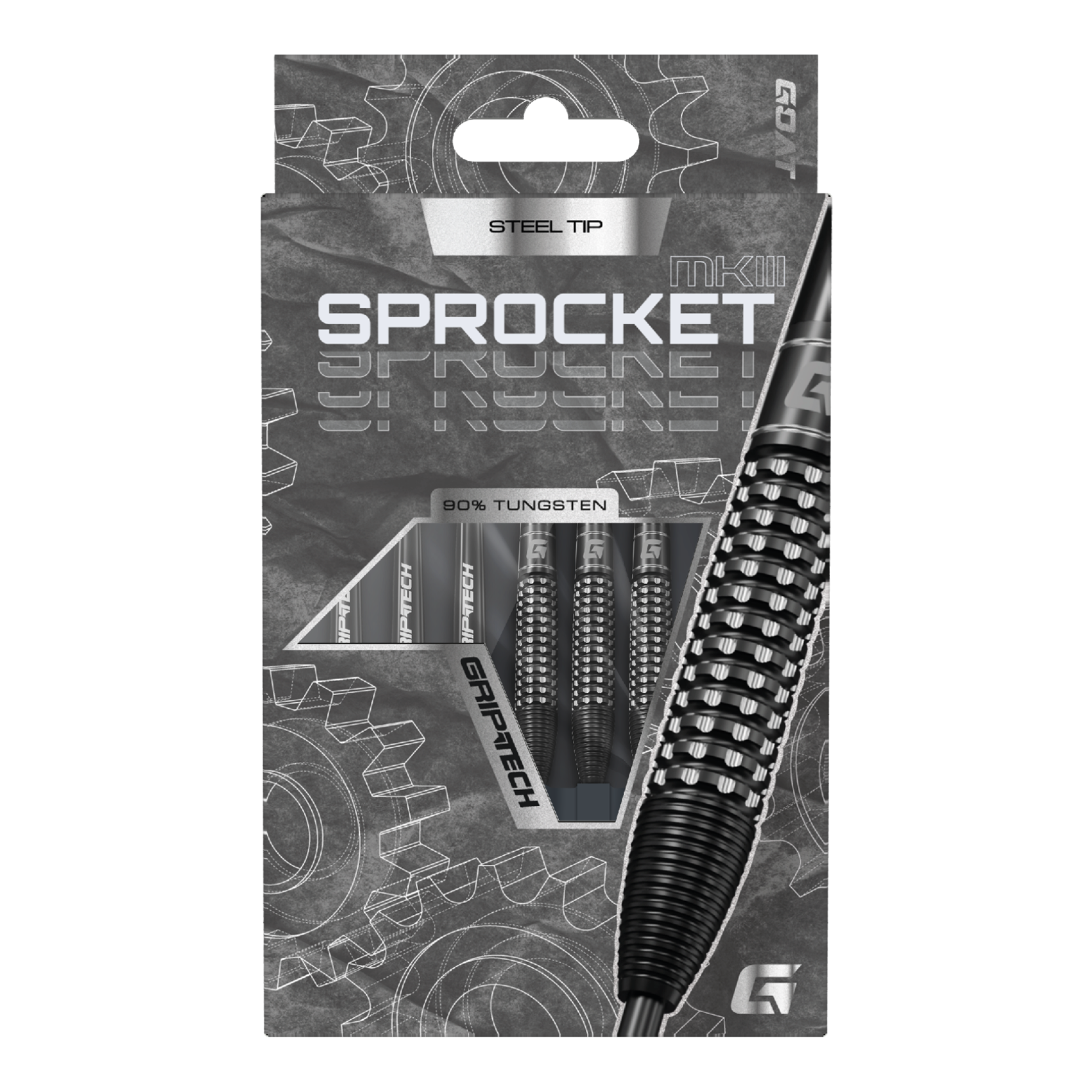 Das Produkt GOAT Sprocket MKIII Bomb Steeldarts wird präsentiert. Der Steeldartpfeil ist in Nahaufnahme dargestellt.