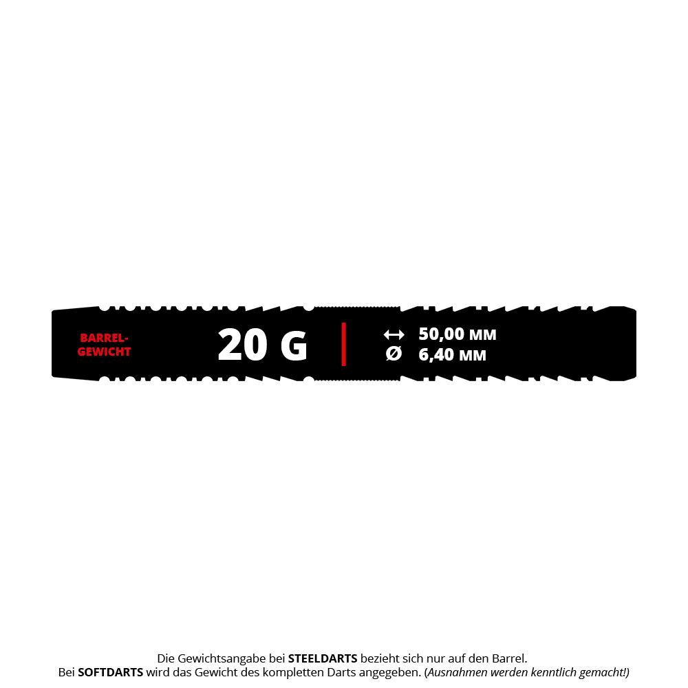 Fléchettes souples Target Japan Black Marque Draco GEN2 - 20 g Das Bild zeigt die Produktinformationen der "Target Japan Black Marque Draco GEN2 Softdarts - 20g". Das Barrel-Gewicht beträgt 20 Gramm, die Länge 50,00 mm und der Durchmesser 6,40 mm.