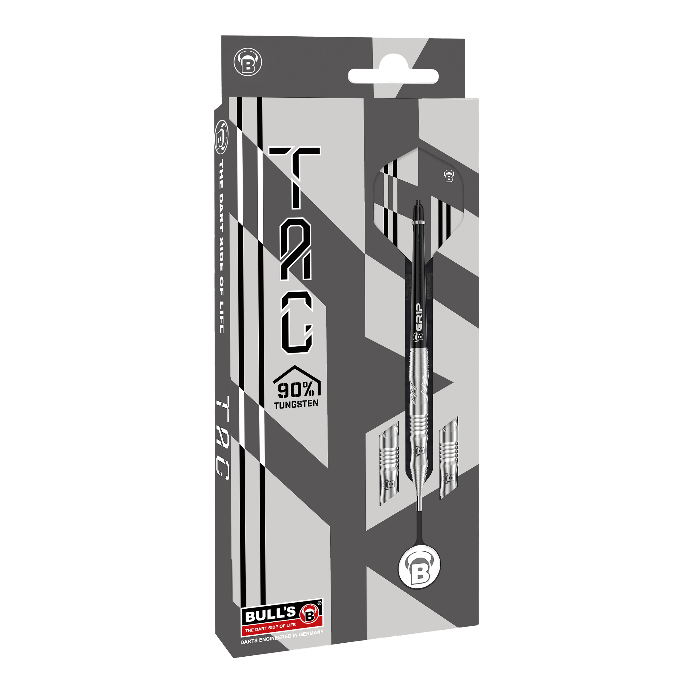 Fléchettes en acier Bulls Tac T1 Die Abbildung zeigt die Verpackung der "Bulls Tac T1 Steeldarts". Auf der Vorderseite ist zu sehen, dass die Darts zu 90% aus Tungsten bestehen.