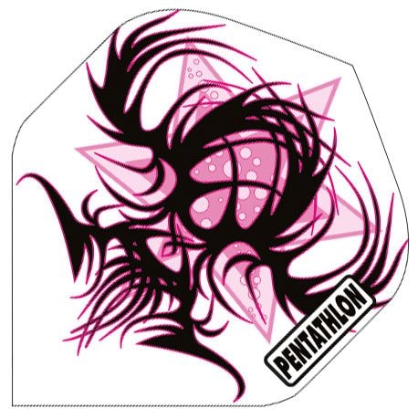 p144 Das Bild zeigt das Produkt "Pentathlon Flights P144" mit einem auffälligen pink-schwarzen abstrakten Design. In einer Ecke befindet sich das Pentathlon-Logo.