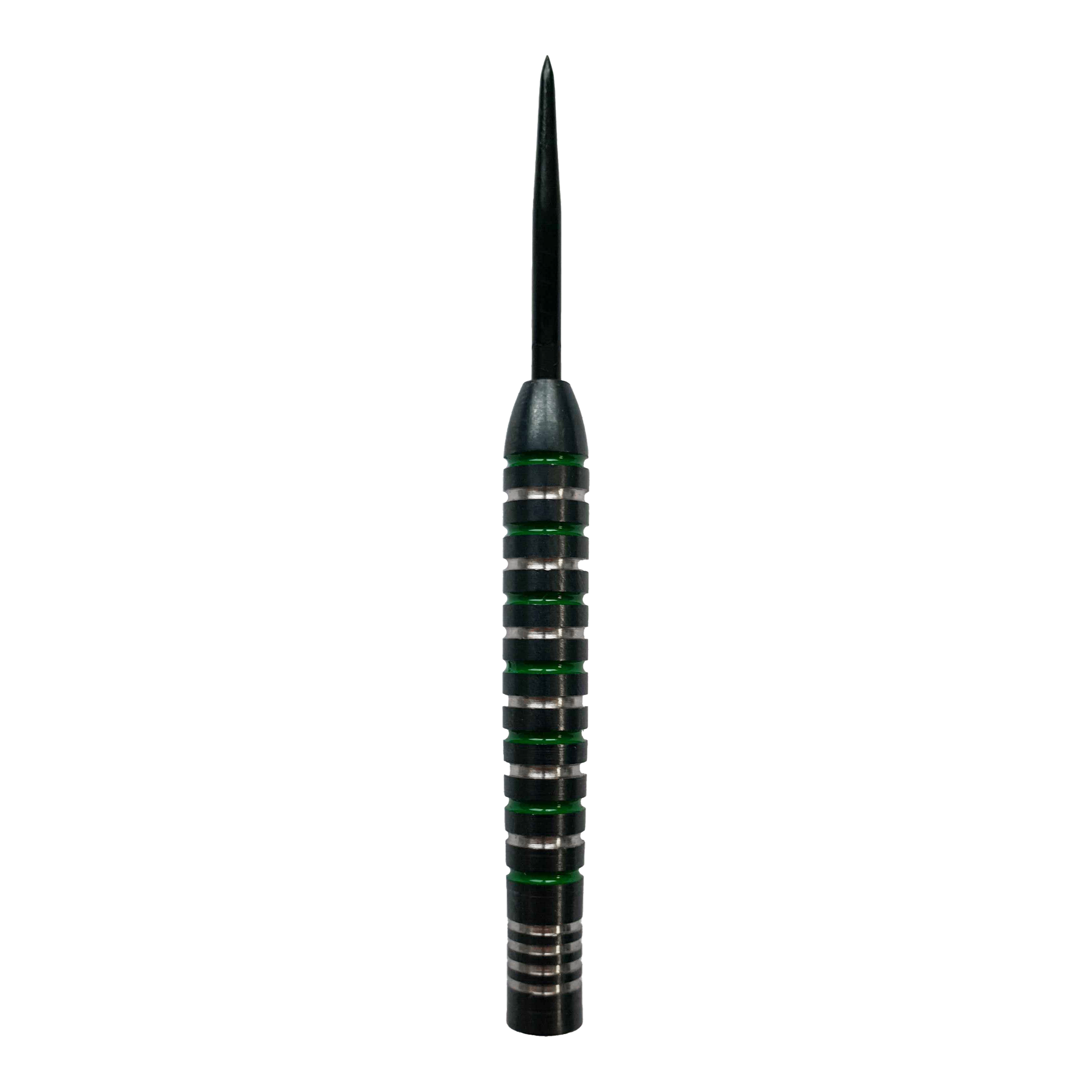 Canons en acier vert argenté McDart Das Bild zeigt ein McDart Silver Green Steeldart Barrel. Der Dartpfeil hat silberne Ringe mit grünen Akzenten entlang des Griffbereichs.