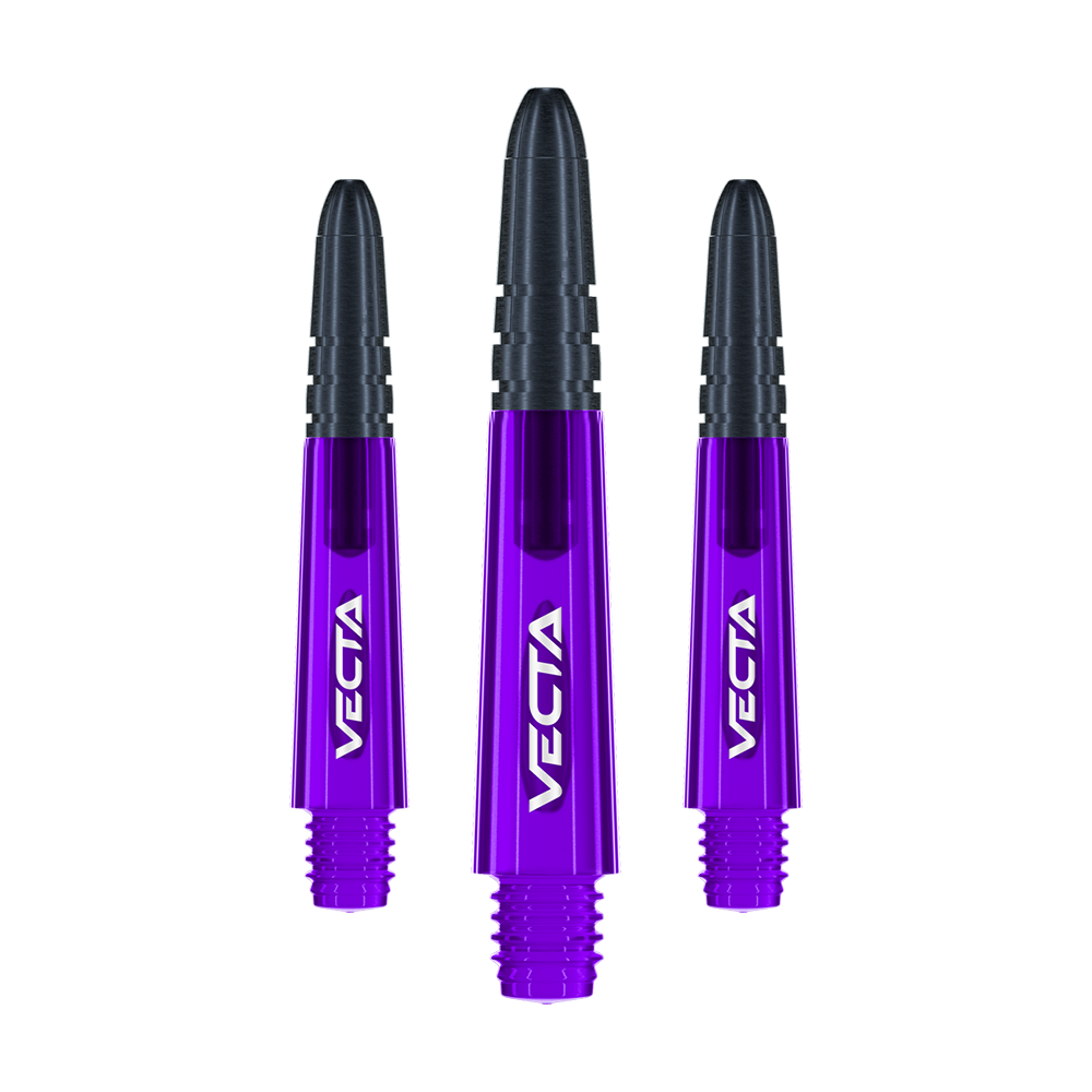 Tiges Winmau Vecta - Violet Noir Auf dem Bild sind drei lilafarbene und schwarze Dartschäfte der Marke Vecta zu sehen. Die Schäfte sind 34 mm lang und werden als Set geliefert.